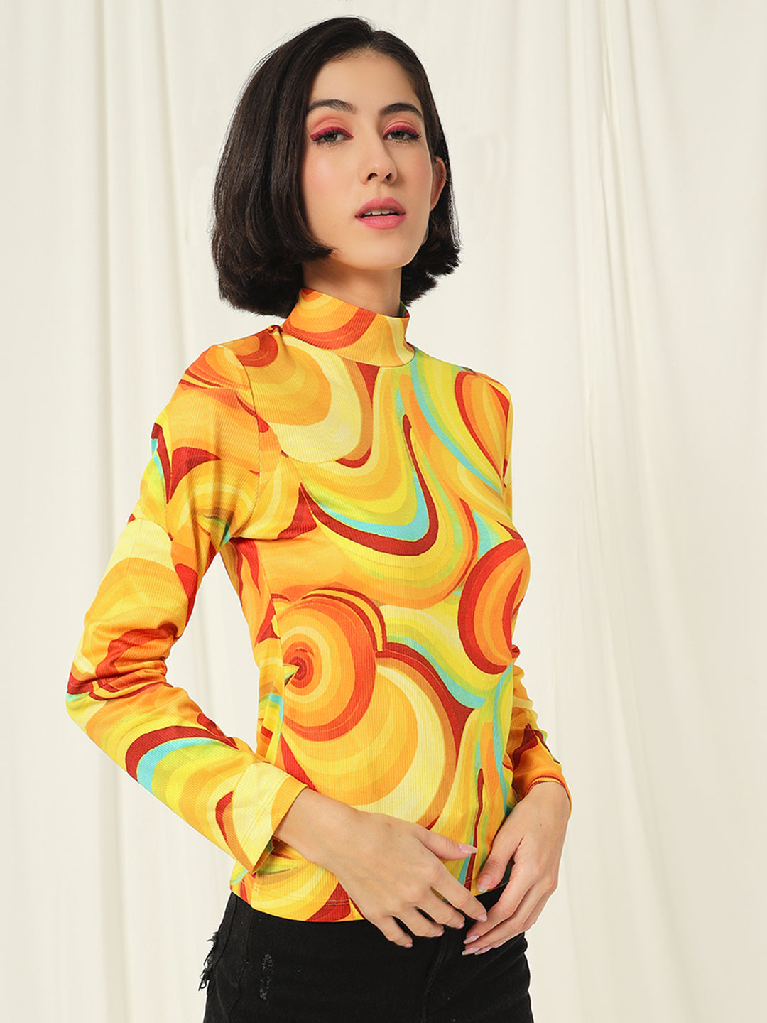 TANDUL  Women Printed High Neck Yellow Sweater