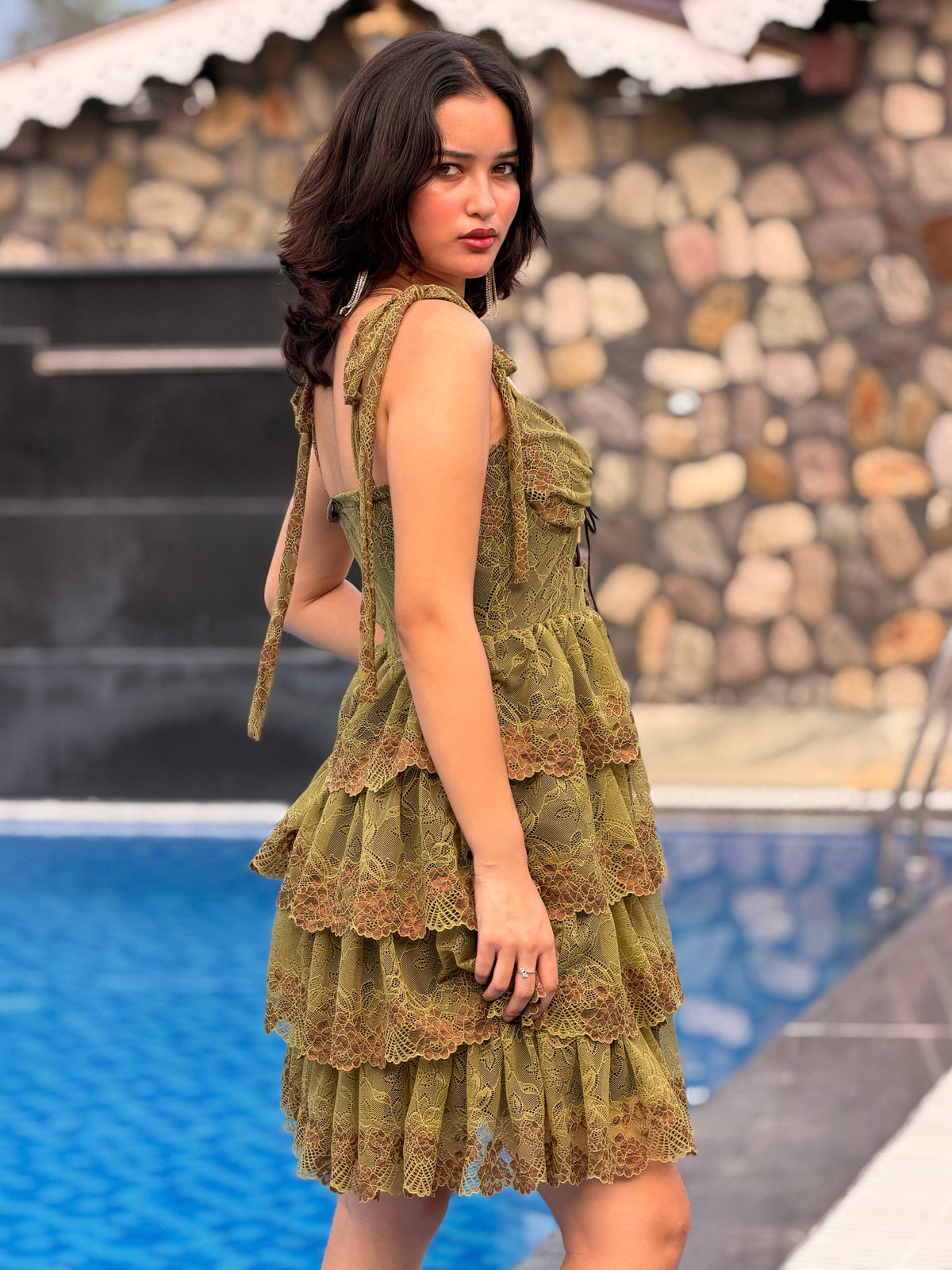 TANDUL Women Fairycore Olive Green Lace Mini Dress