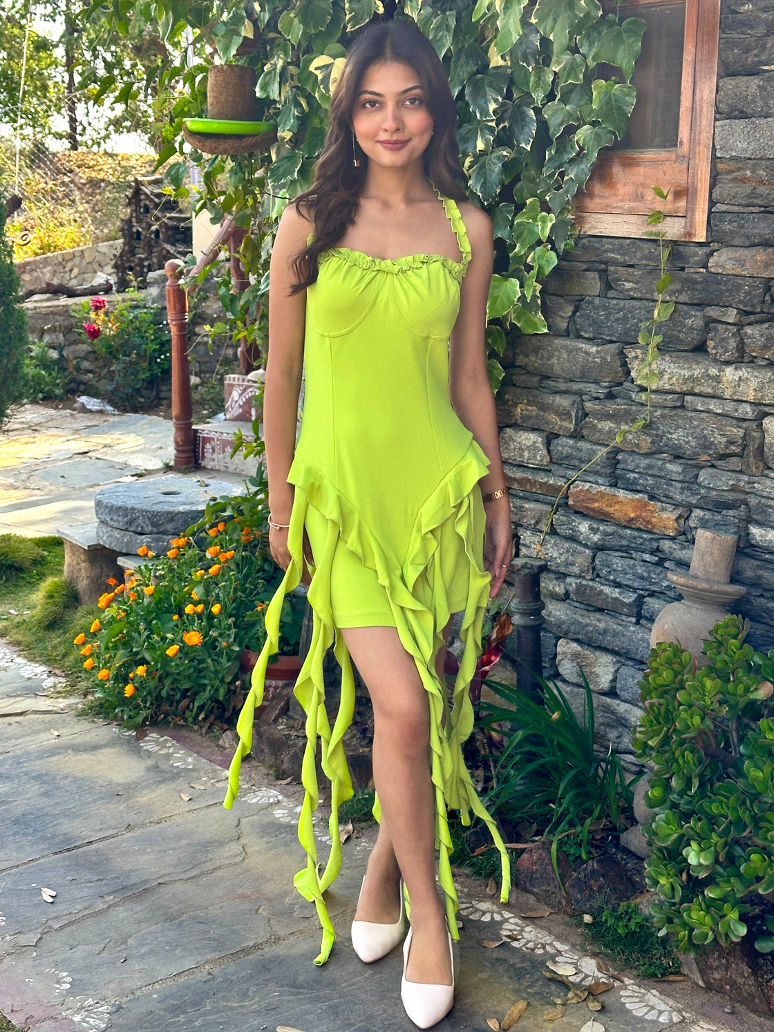TANDUL Vibrant Neon Green Frills Dress