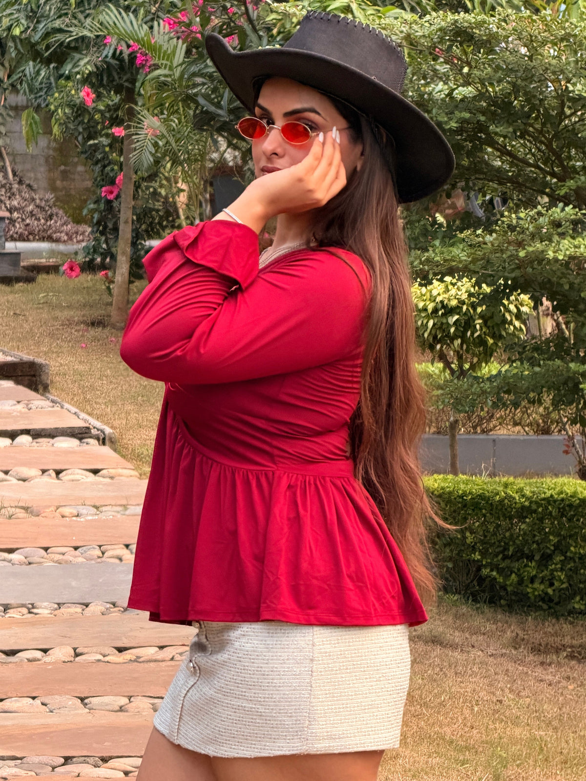 TANDUL Women Burgundy Twist-Front Peplum Top