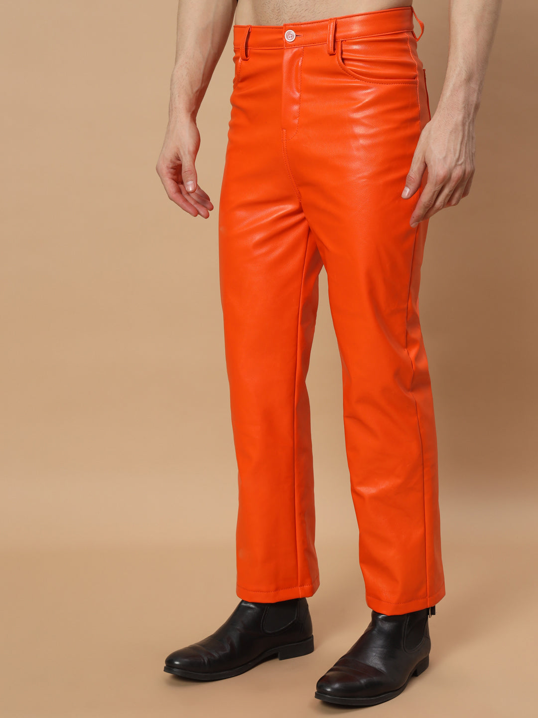 TANDUL  Men Regular Fit Orange Faux Leather Trousers