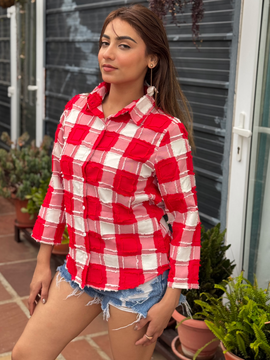 TANDUL Women Red and white Plaid Shirt