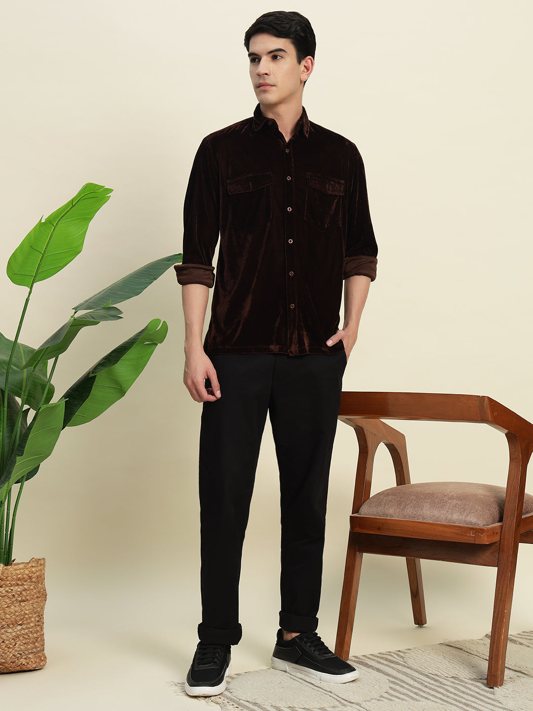 TANDUL Men's Brown Velvet Shirt