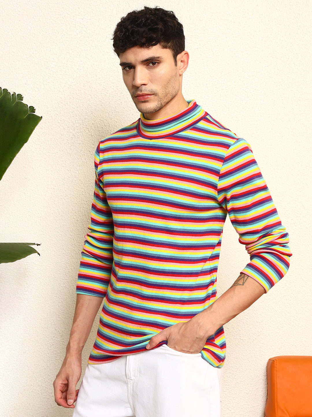 TANDUL Men's Vibrant Striped Highneck