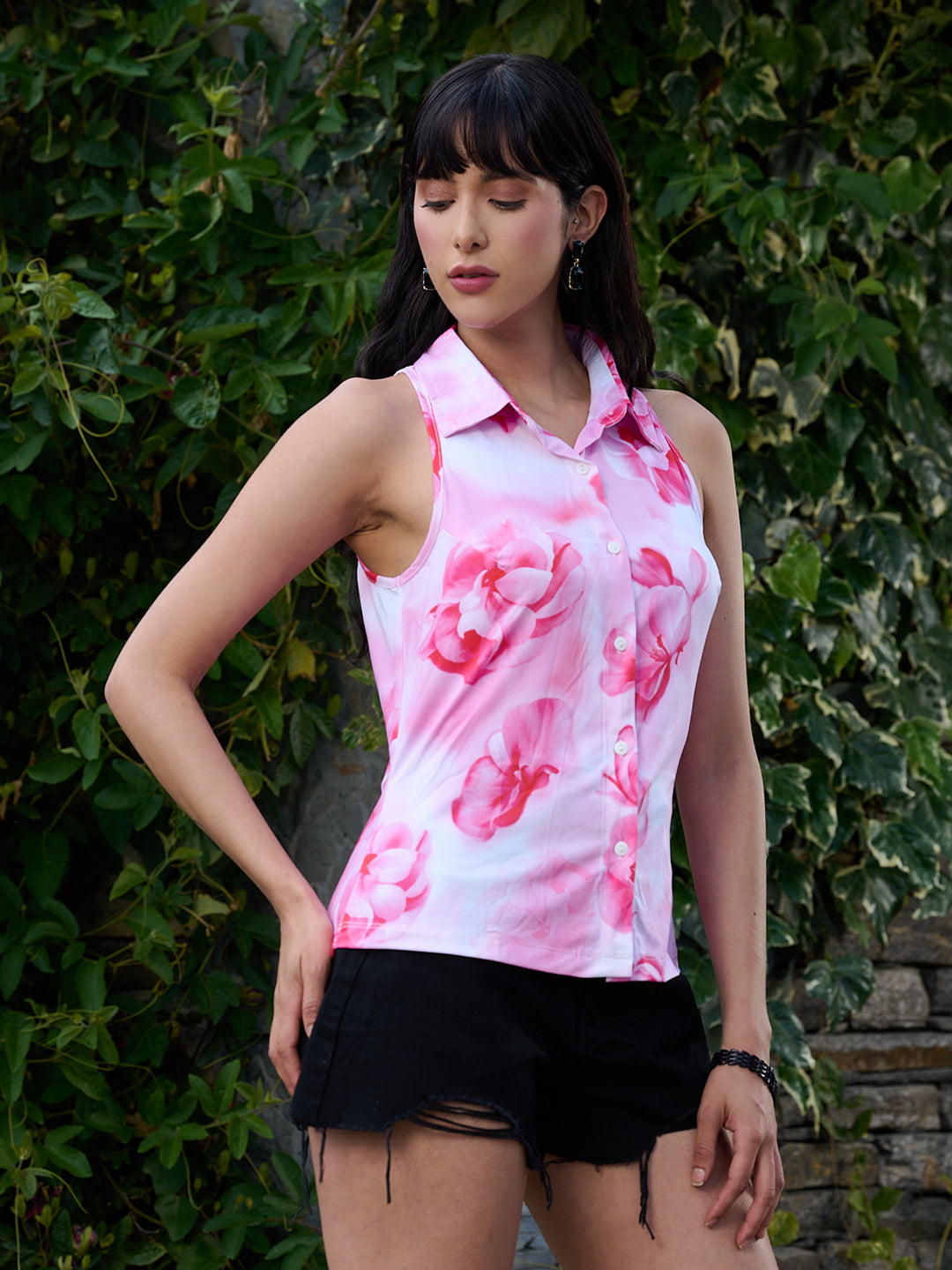 TANDUL Wome Pink  Floral Sleeveless Shirt