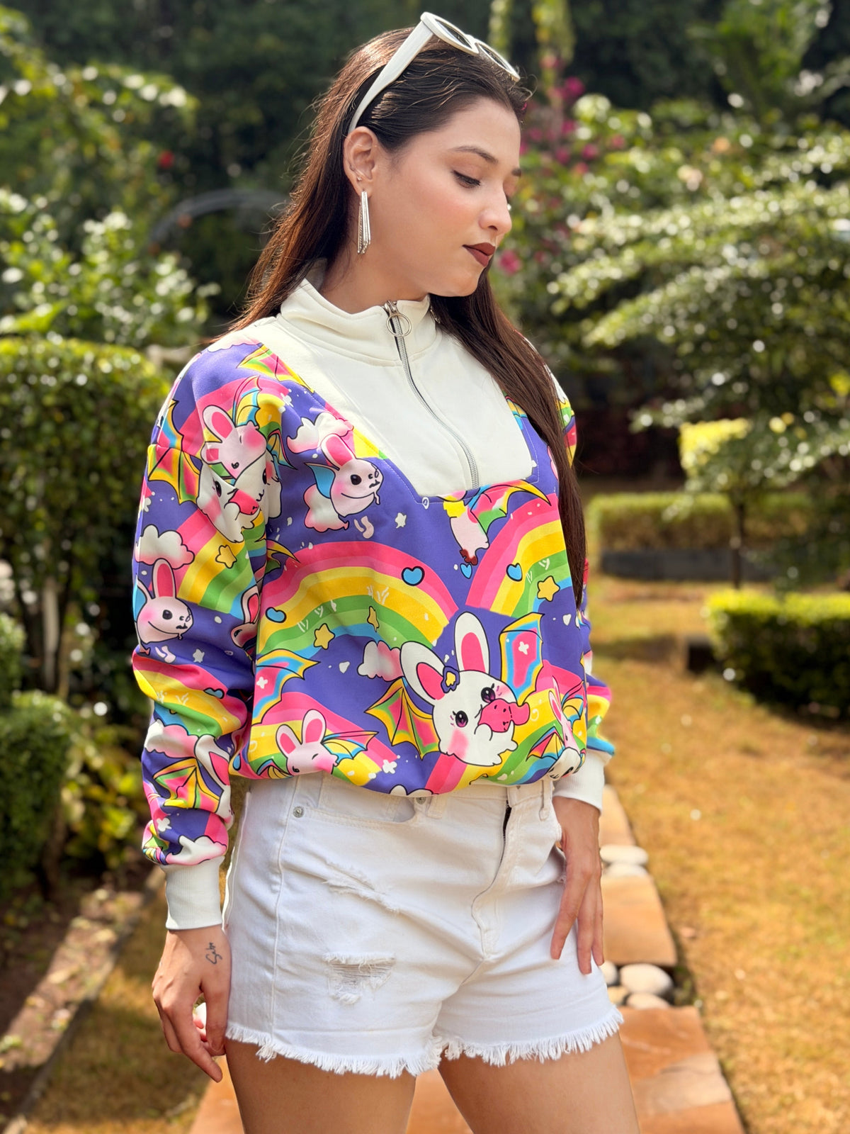 TANDUL Women’s Colorful Rainbow & Bat-Bunny Printed Cropped Sweatshirt