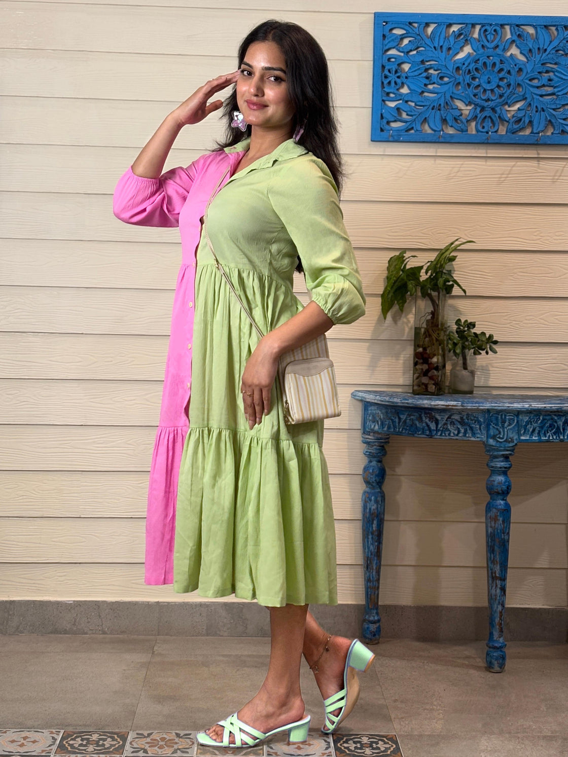 TANDUL Women Pink and Green Flared Dress