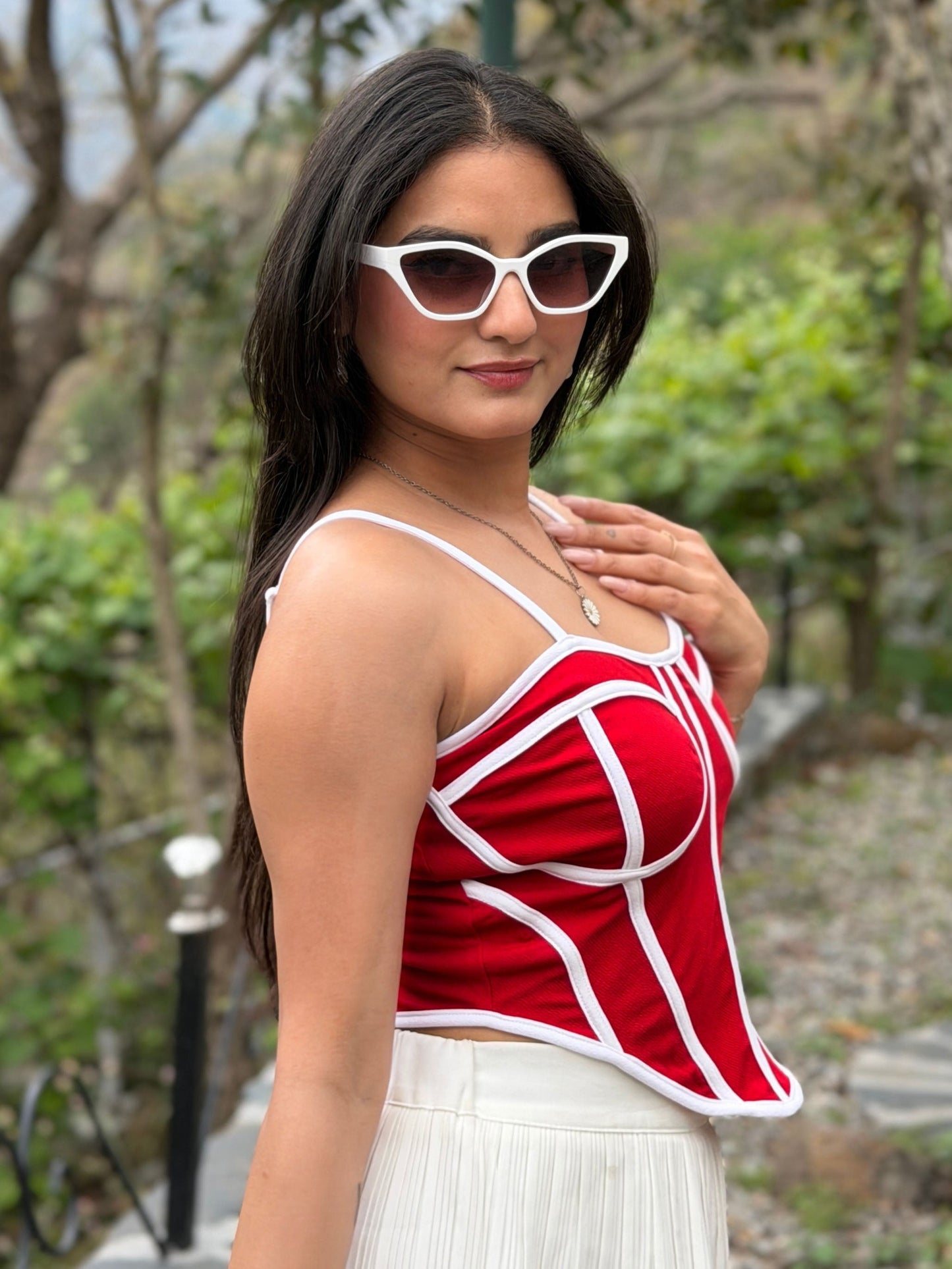 TANDUL Women Stunning Red and White Corset Top