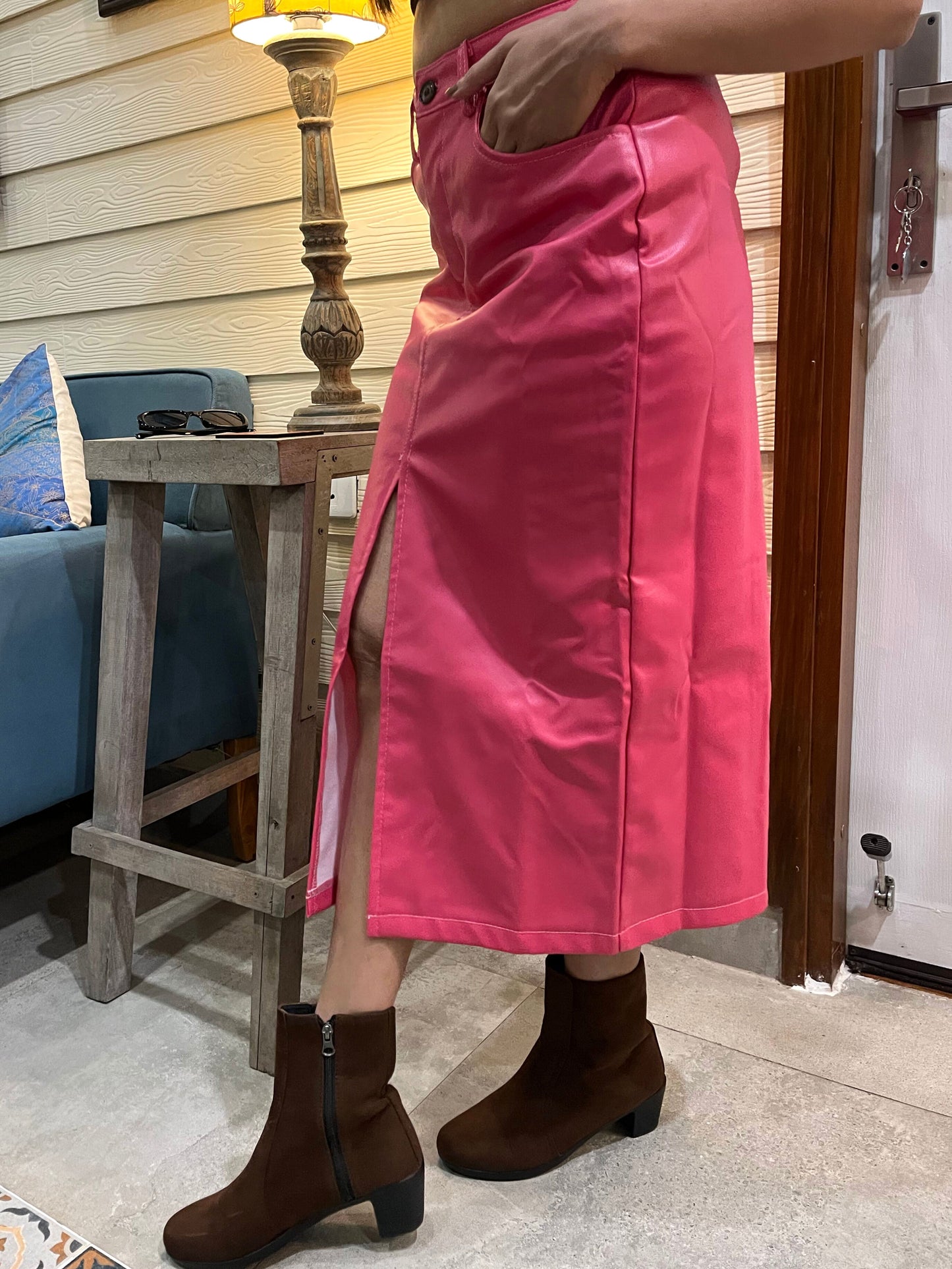 TANDUL Women Stunning Pink Leather Skirt