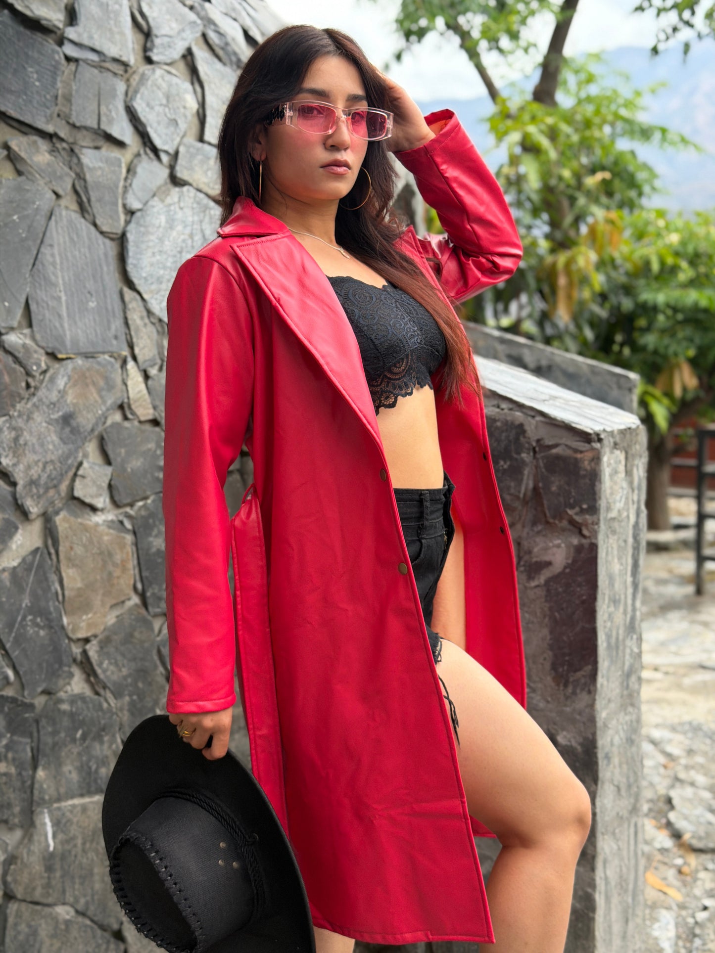 TANDUL Women Stunning Pink Leather Trench Coat