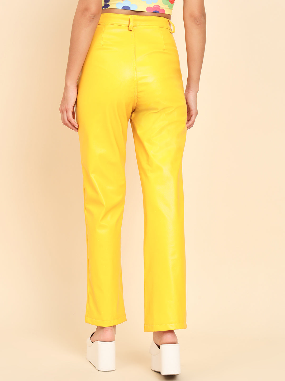 TANDUL Women Regular Fit Yellow Faux Leather Trousers