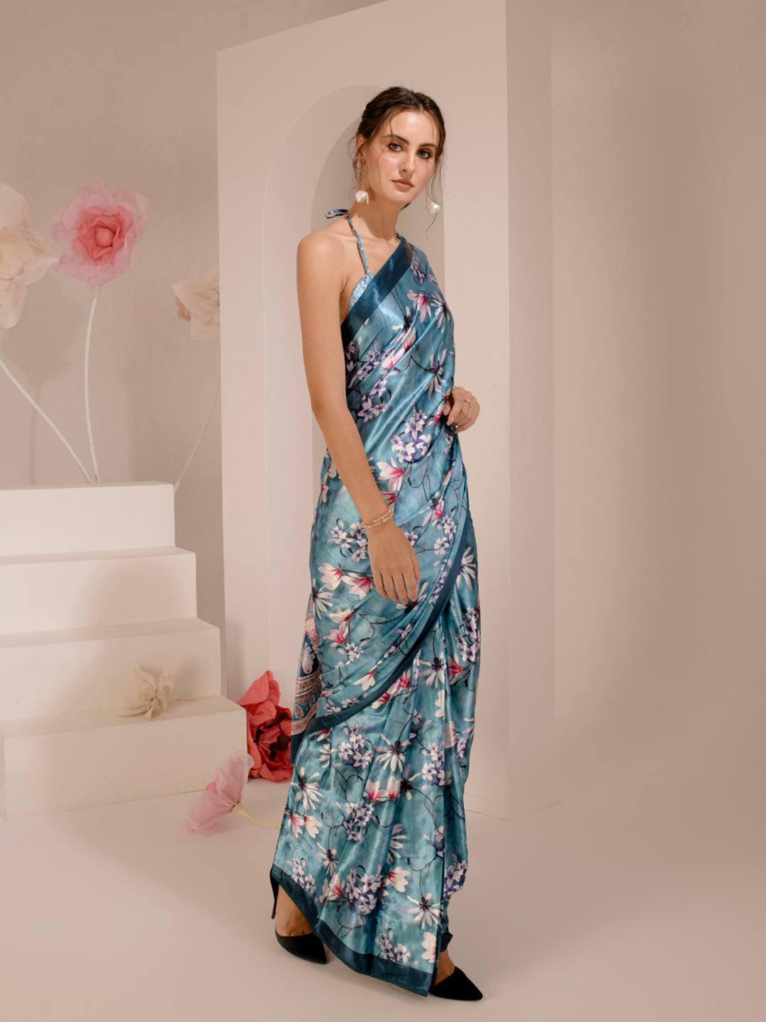 ELTIRE Exquisite Skyblue Printed Satin Saree