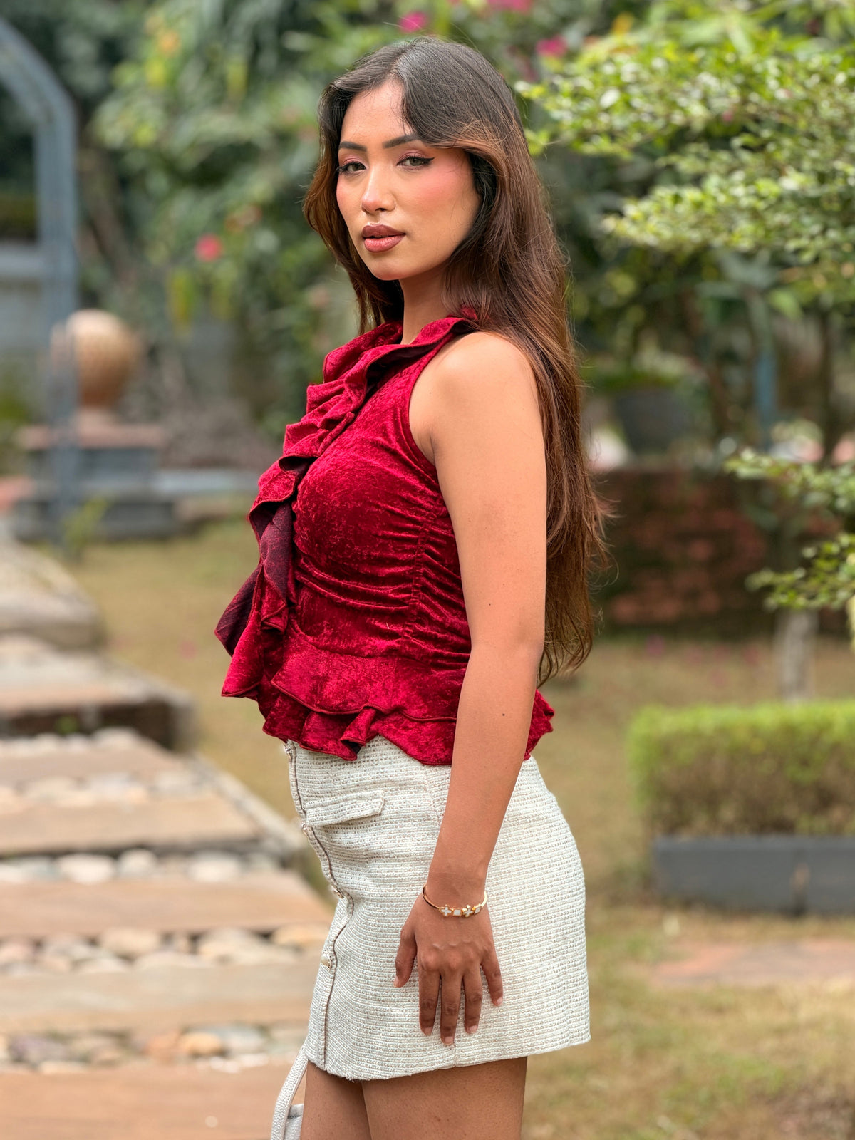 TANDUL Women Vintage Crimson Crushed Velvet Ruffle Halter Top