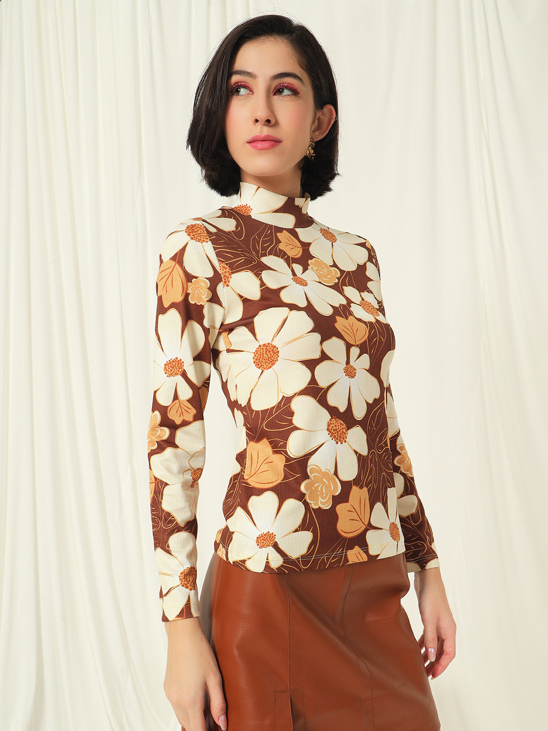 TANDUL  Women Floral Print High Neck Brown Sweater