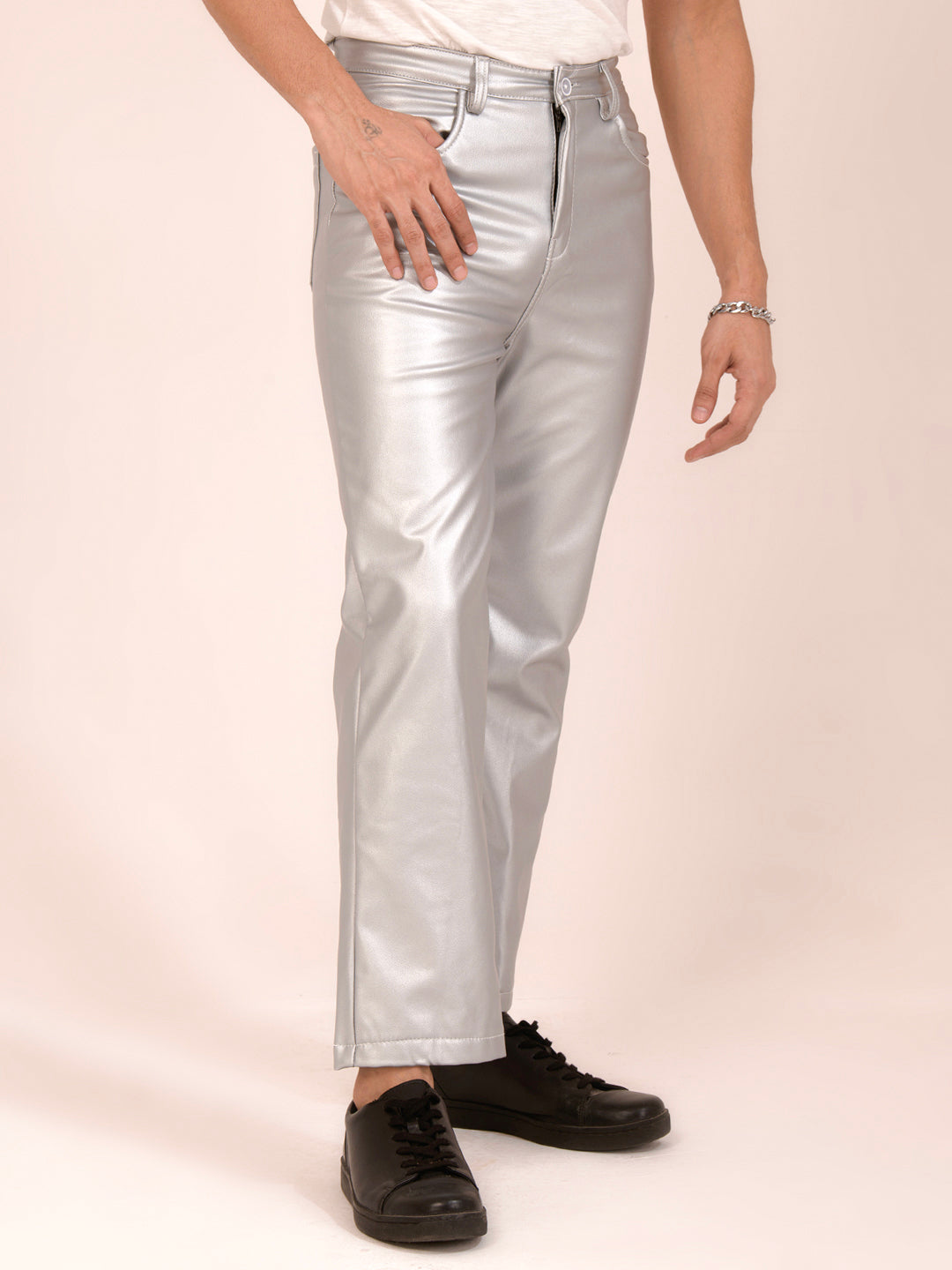 TANDUL  Men Regular Fit Silver Faux Leather Trousers