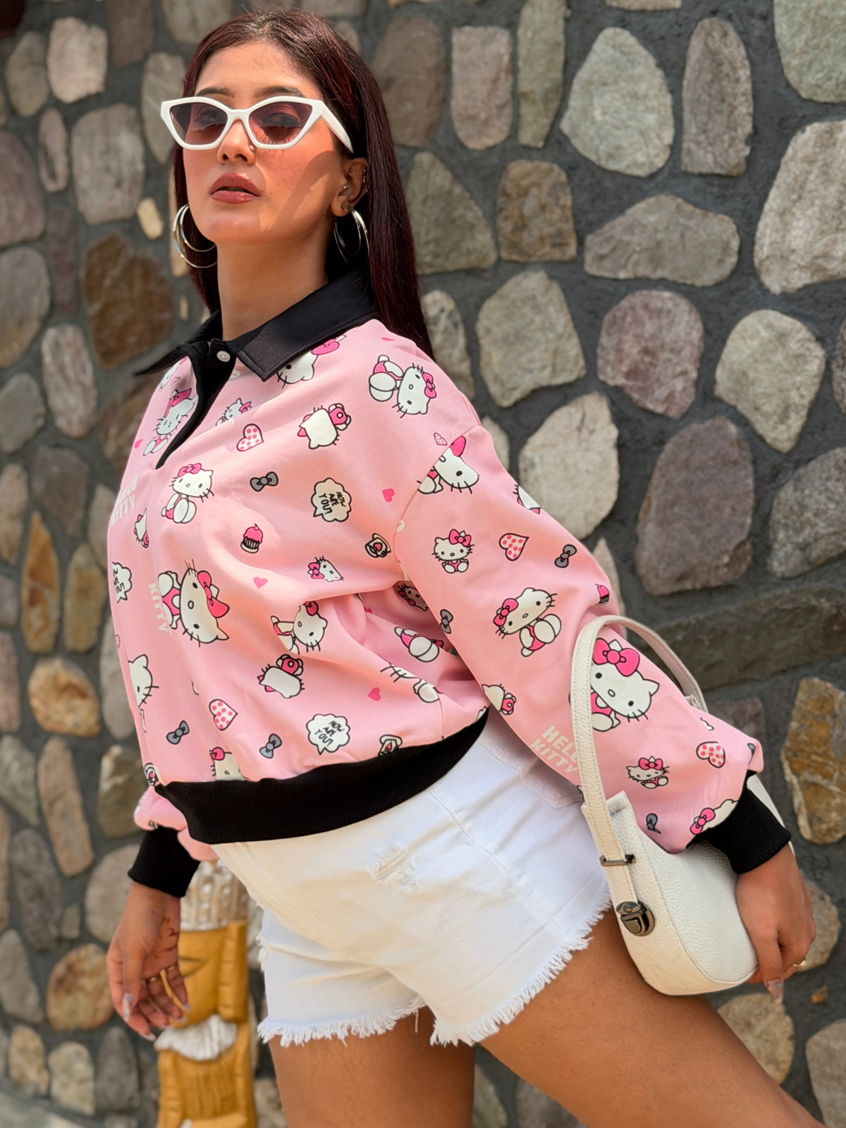 TANDUL Women Pink Hello Kitty Print Polo Sweatshirt