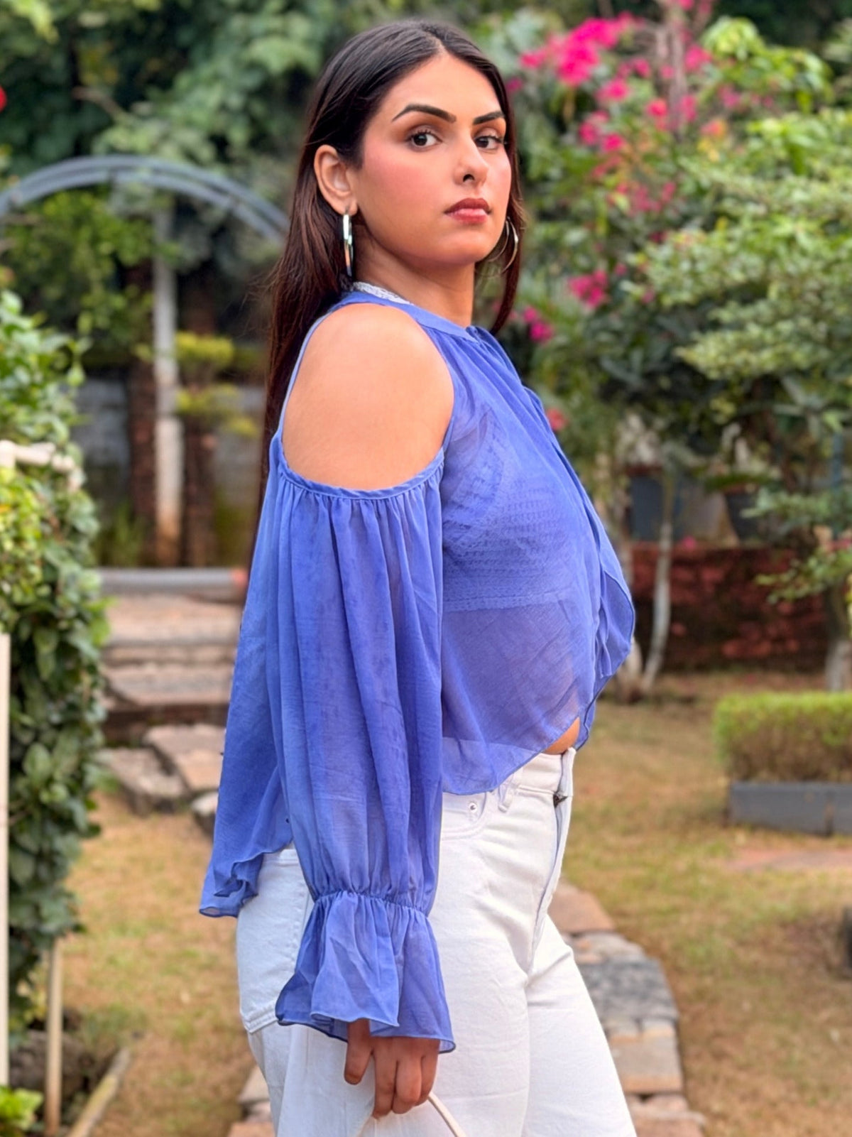 TANDUL Women Periwinkle Sheer Halter Cold-Shoulder Crop Top