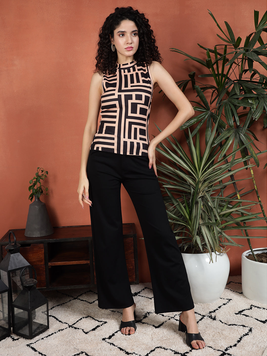 TANDUL Casual Sleeveless Printed Women Beige Top