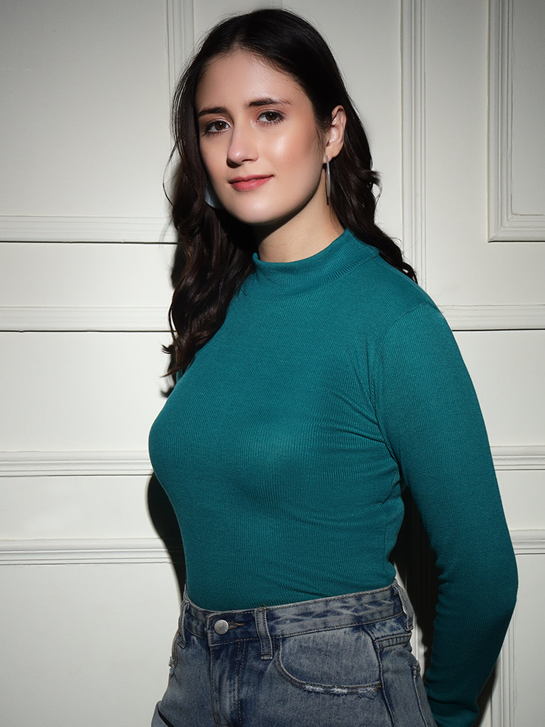 TANDUL  Women Solid High Neck Dark Green Sweater