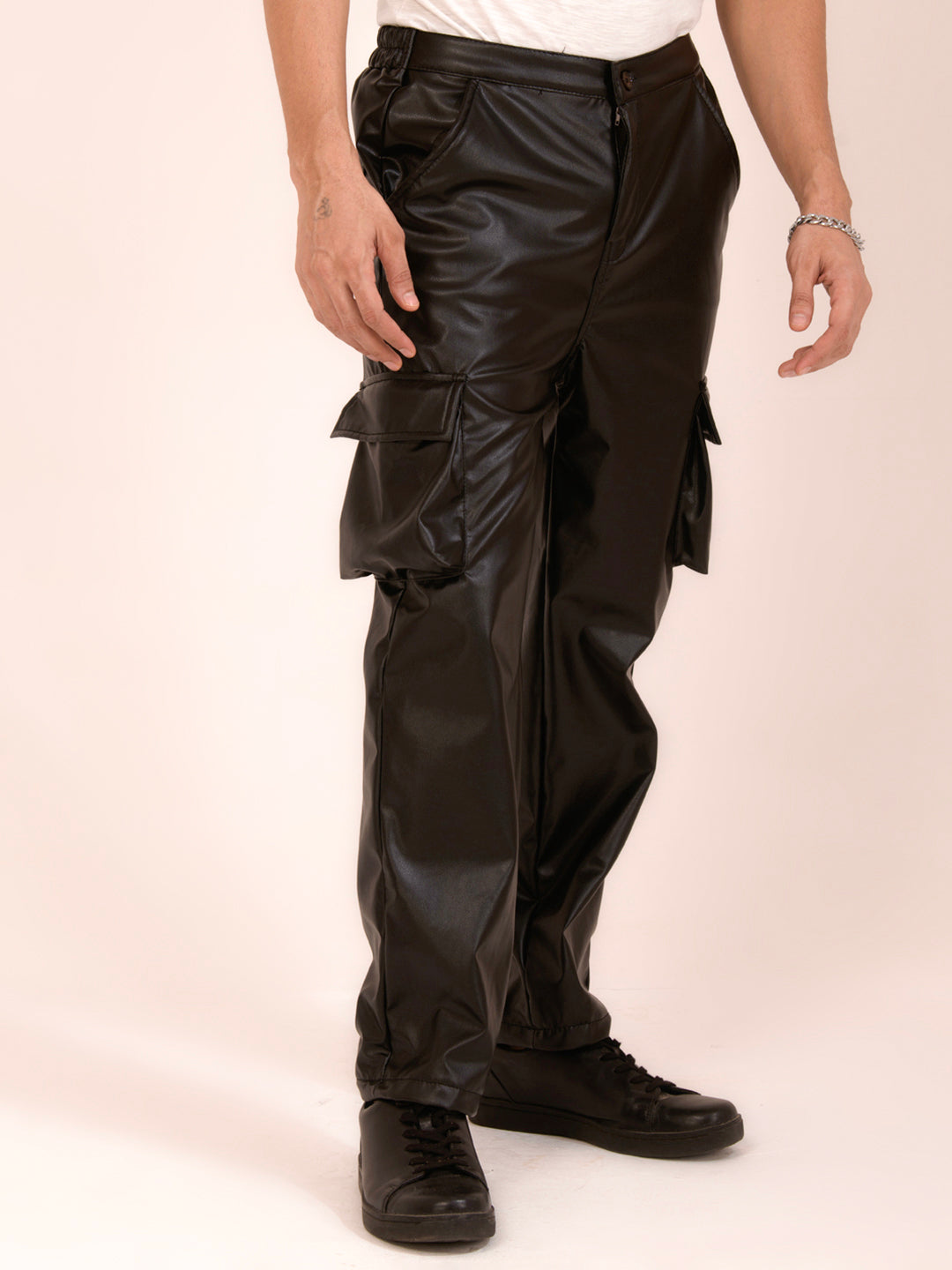 TANDUL  Men Regular Fit Brown Faux Leather Trousers