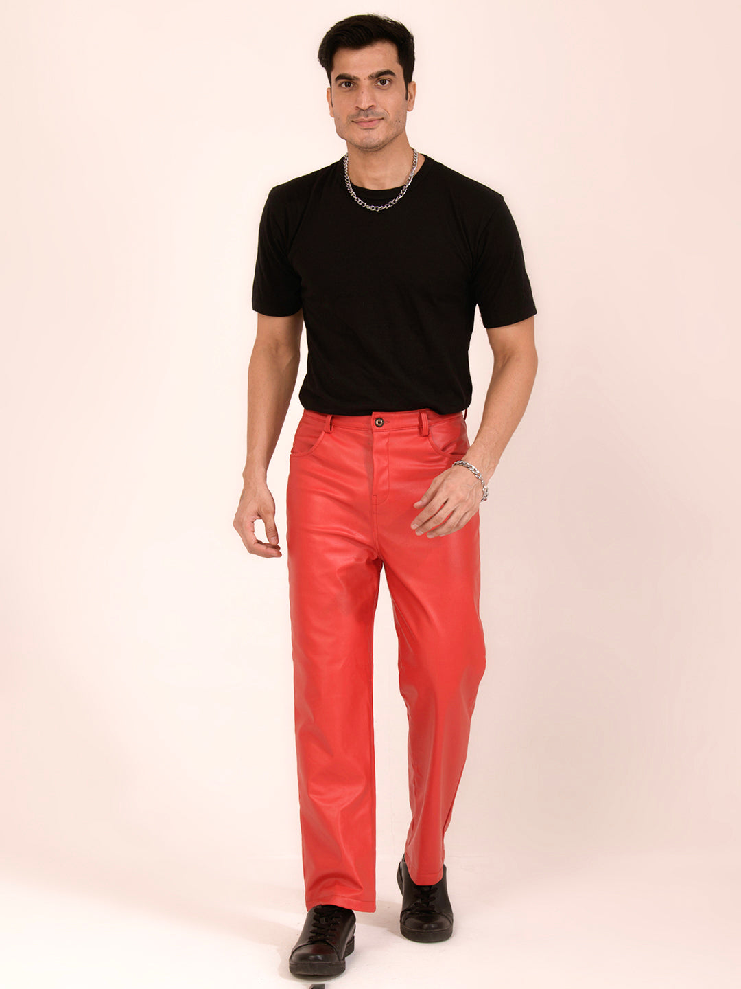 TANDUL  Men Regular Fit Red Faux Leather Trousers