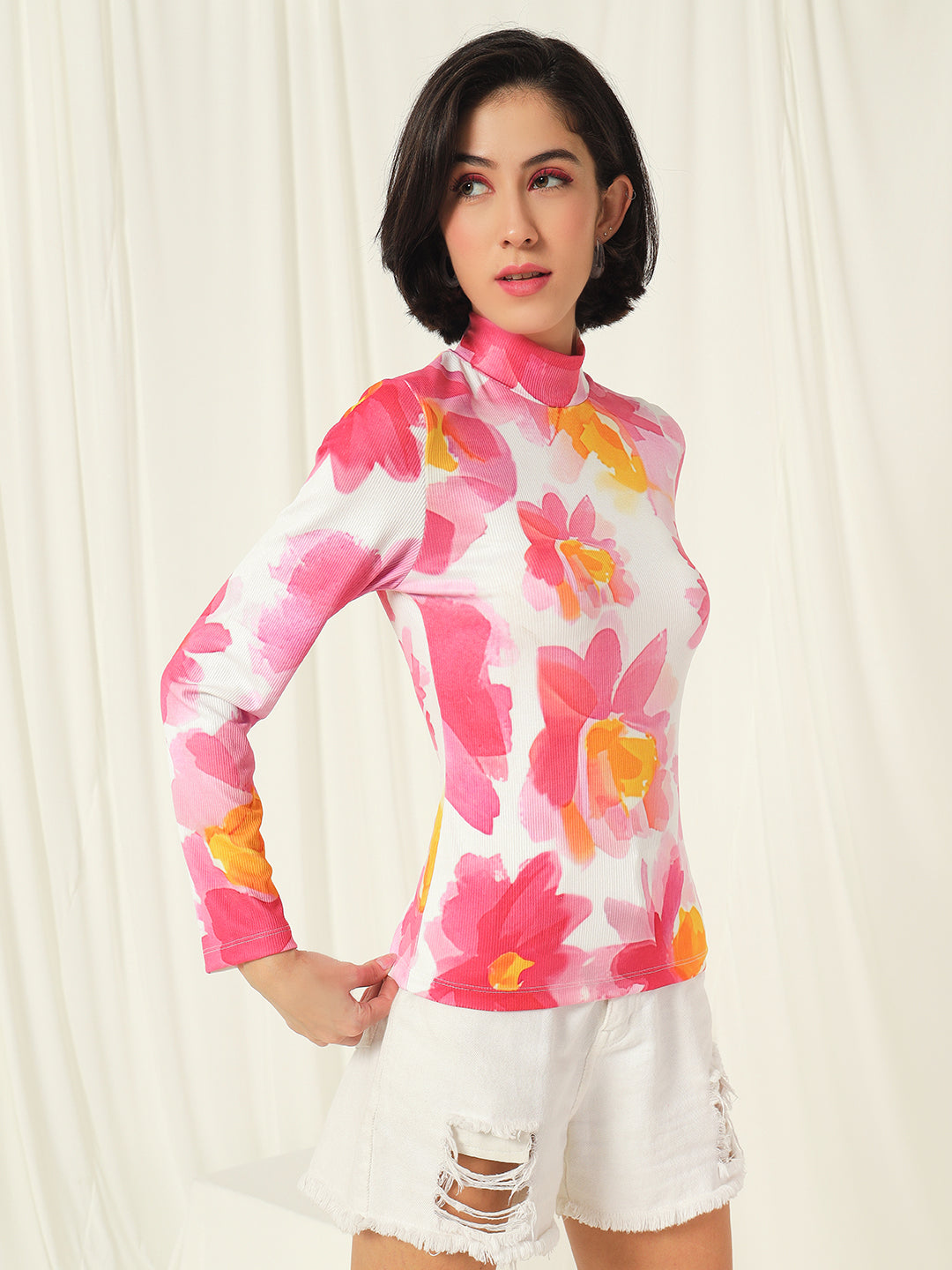 TANDUL  Women Floral Print High Neck White Sweater