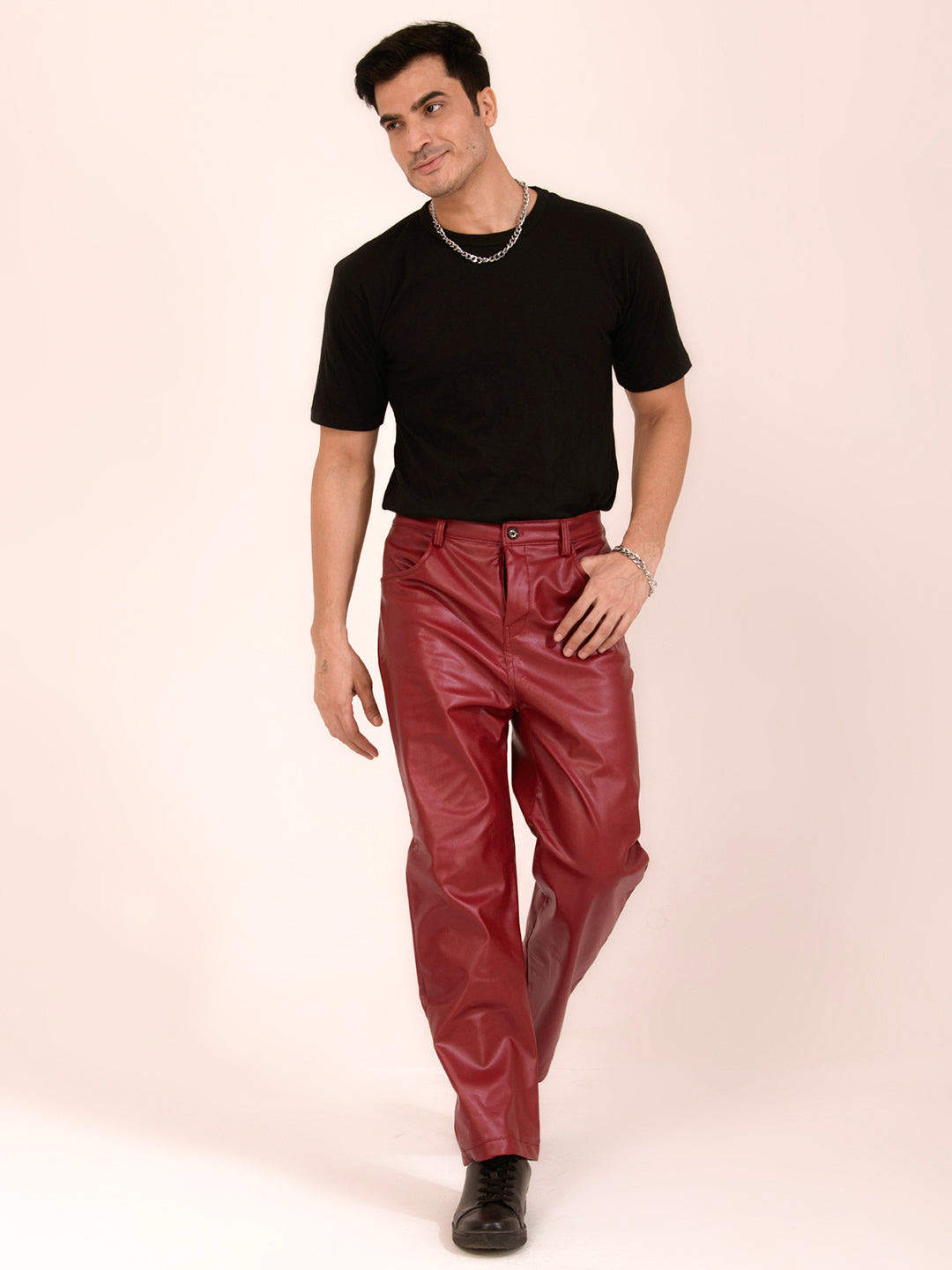 TANDUL  Men Regular Fit Maroon Faux Leather Trousers