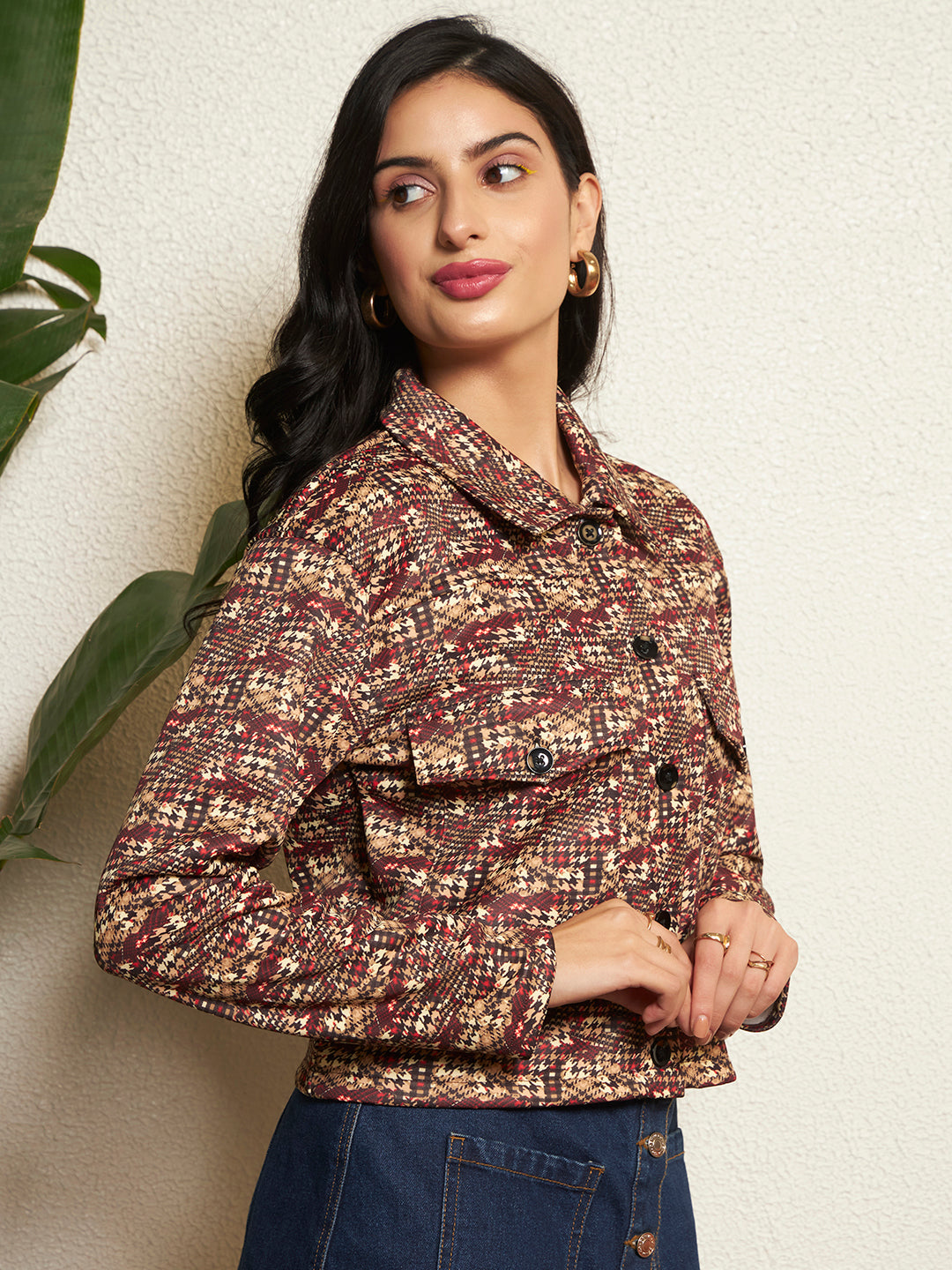 TANDUL Women Houndstooth Fleece Jacket