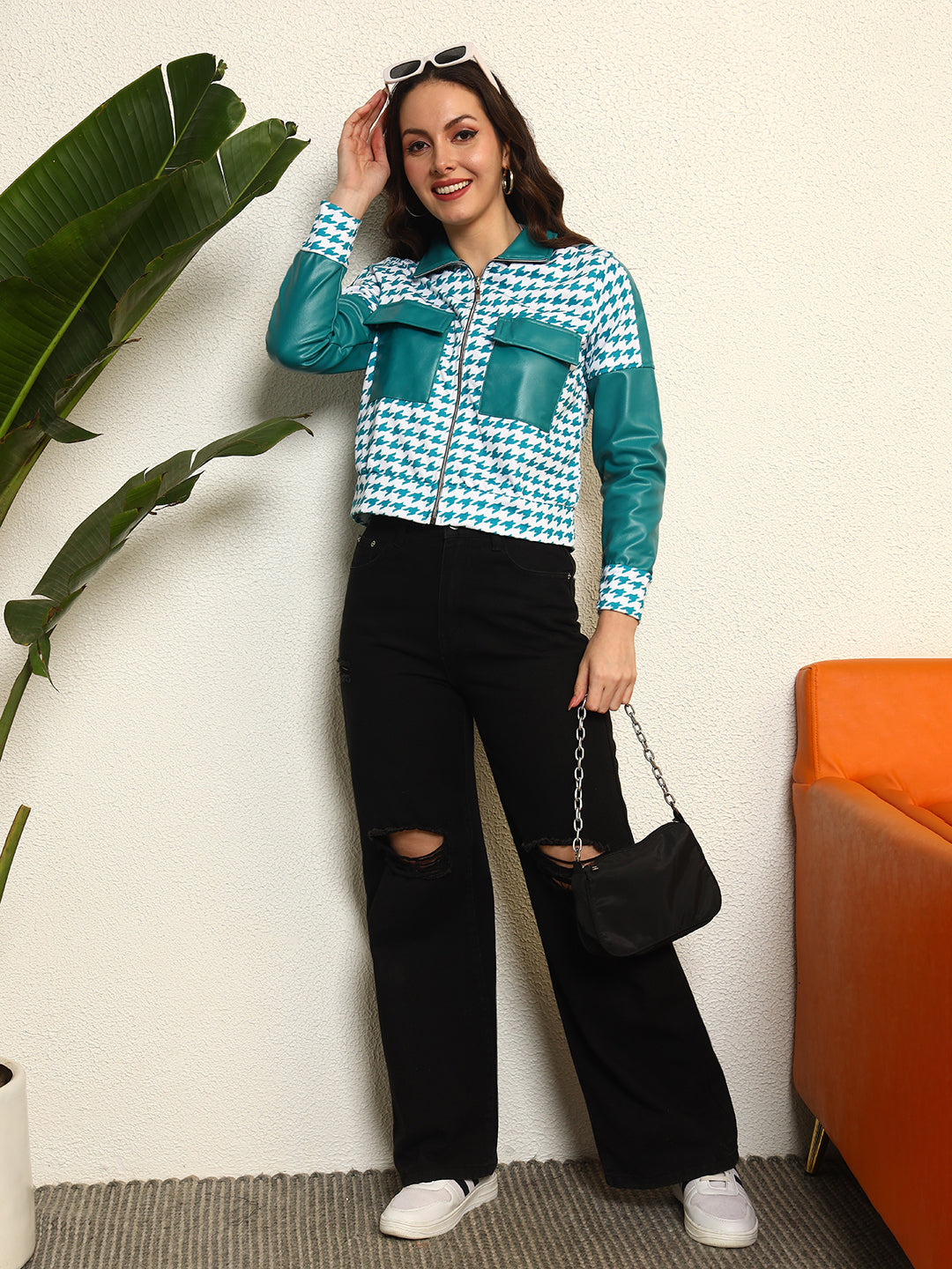 TANDUL  Women Houndstooth Fleece Jacket