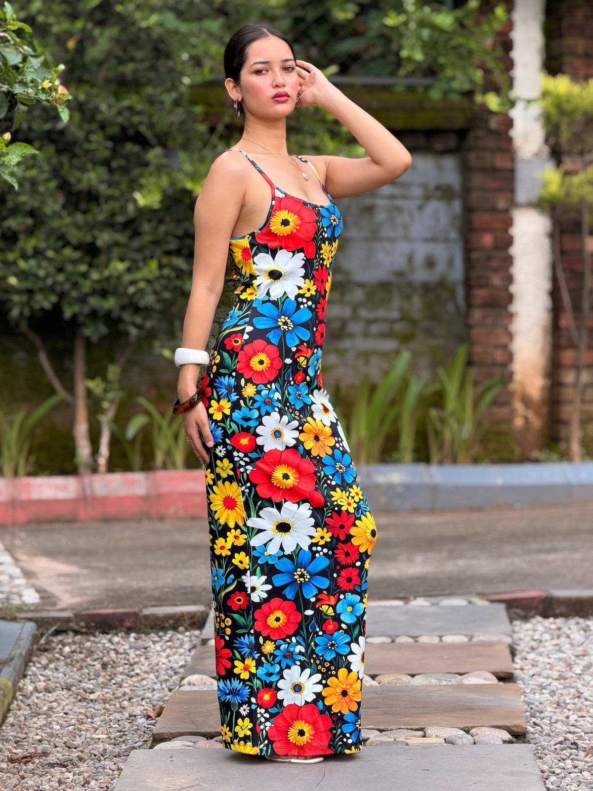 TANDUL Women Retro Multicolor Daisy Print Maxi Dress