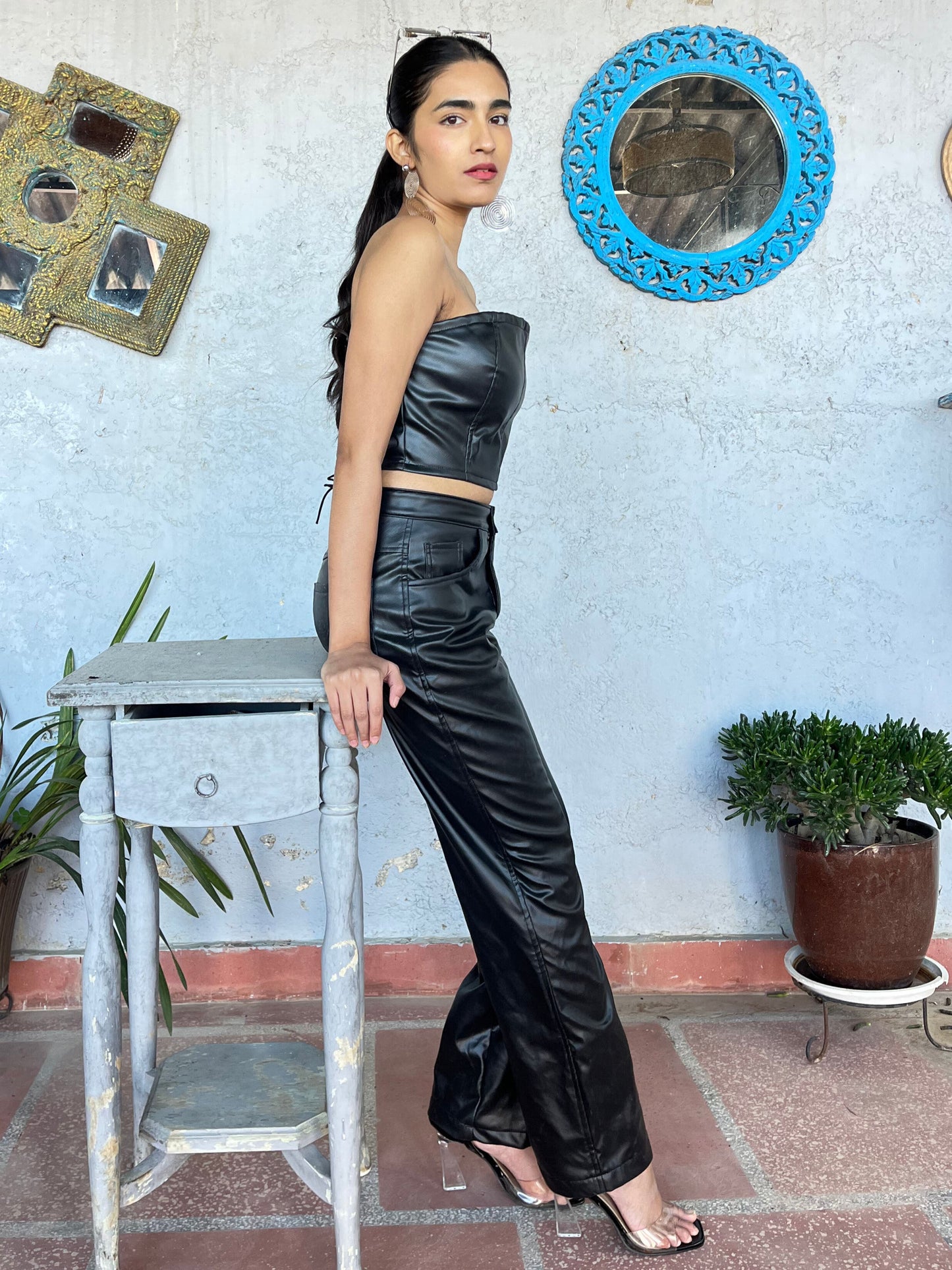 TANDUL Women Stunning Black Leather Co-ord Set