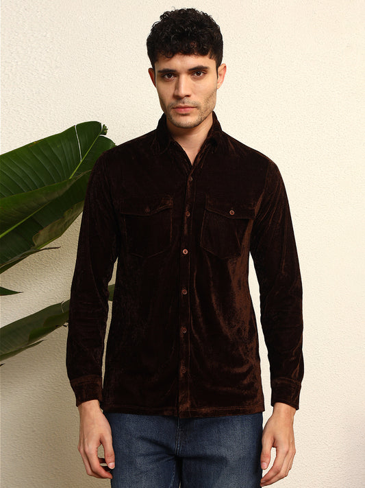 TANDUL Men's Brown Velvet Shirt