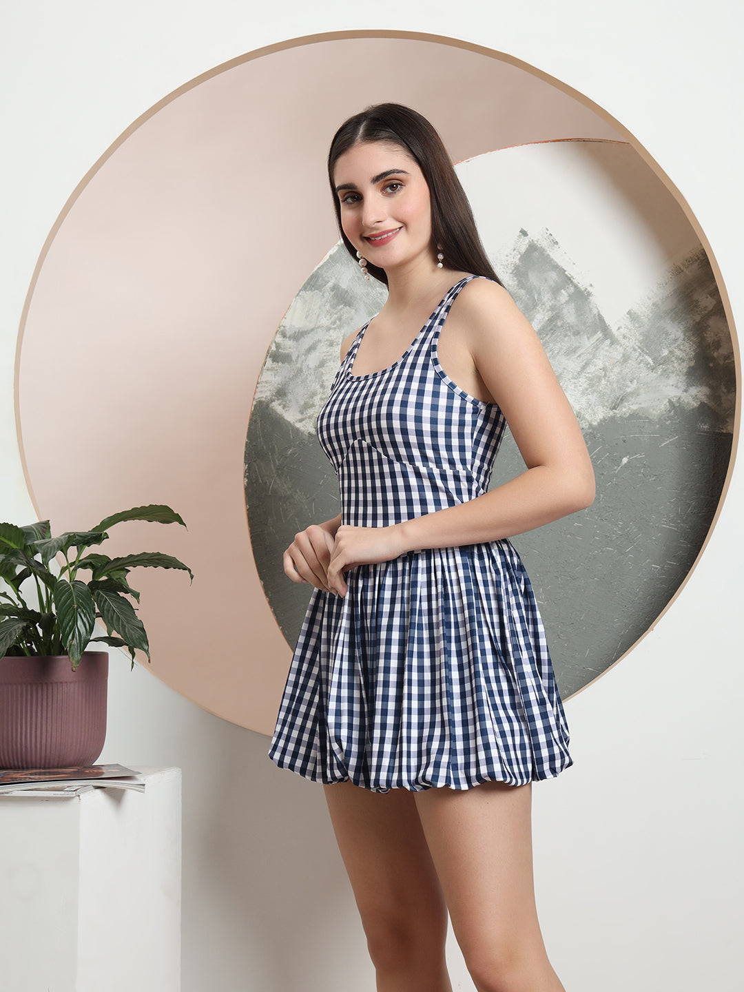TANDUL Classic Check Printed Bubble Hem Dress