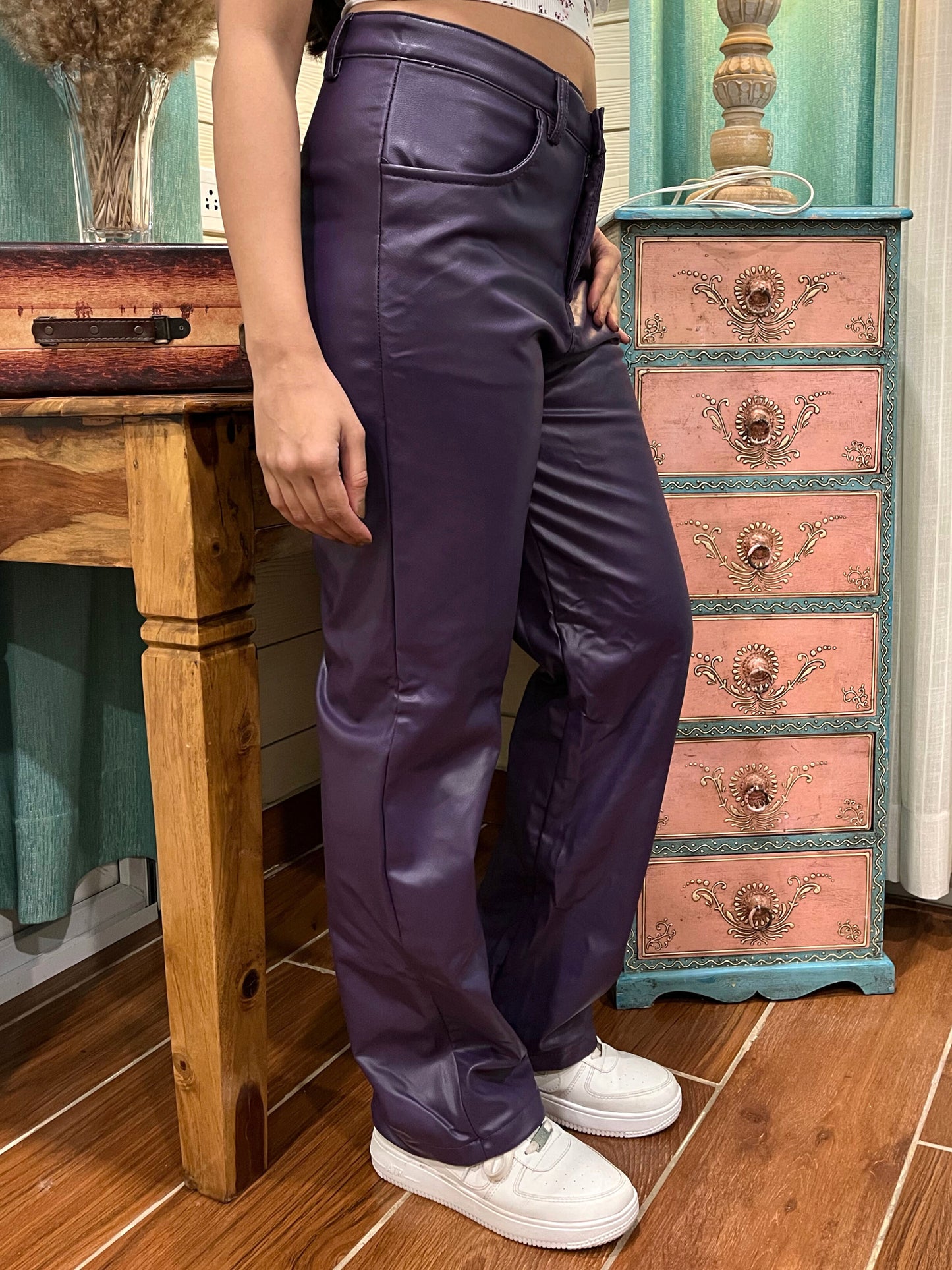 TANDUL Women Regular Fit Blue Faux Leather Trousers