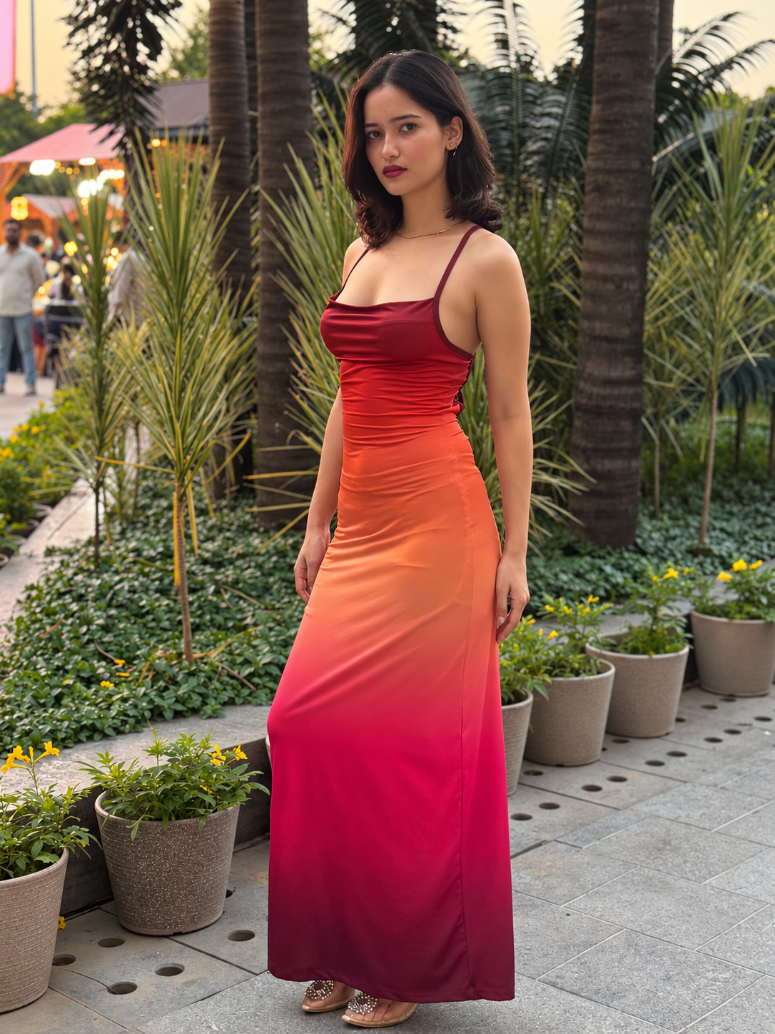 TANDUL Women Sunset Ombré Cowl Neck Maxi Dress
