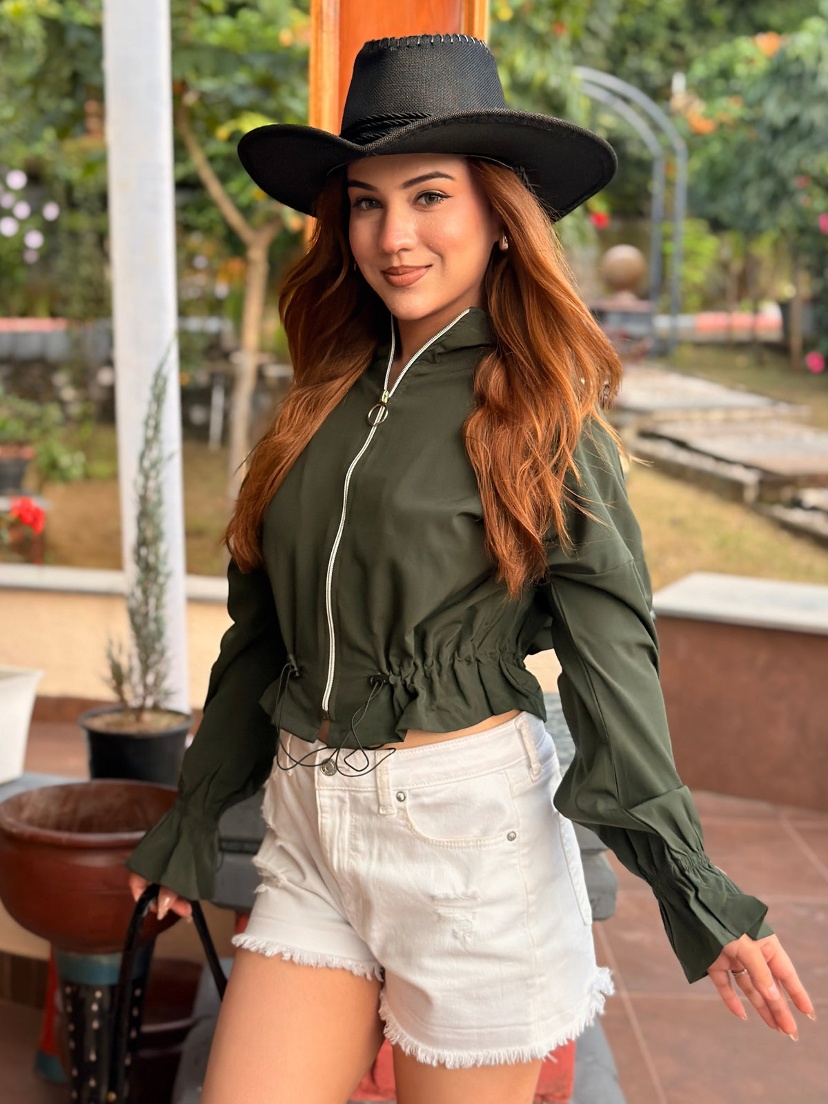TANDUL Women Olive Green Cropped Windbreaker Jacket