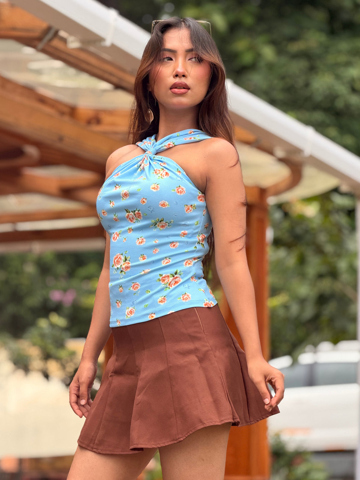 TANDUL Women Light Blue Floral Halter Crop Top