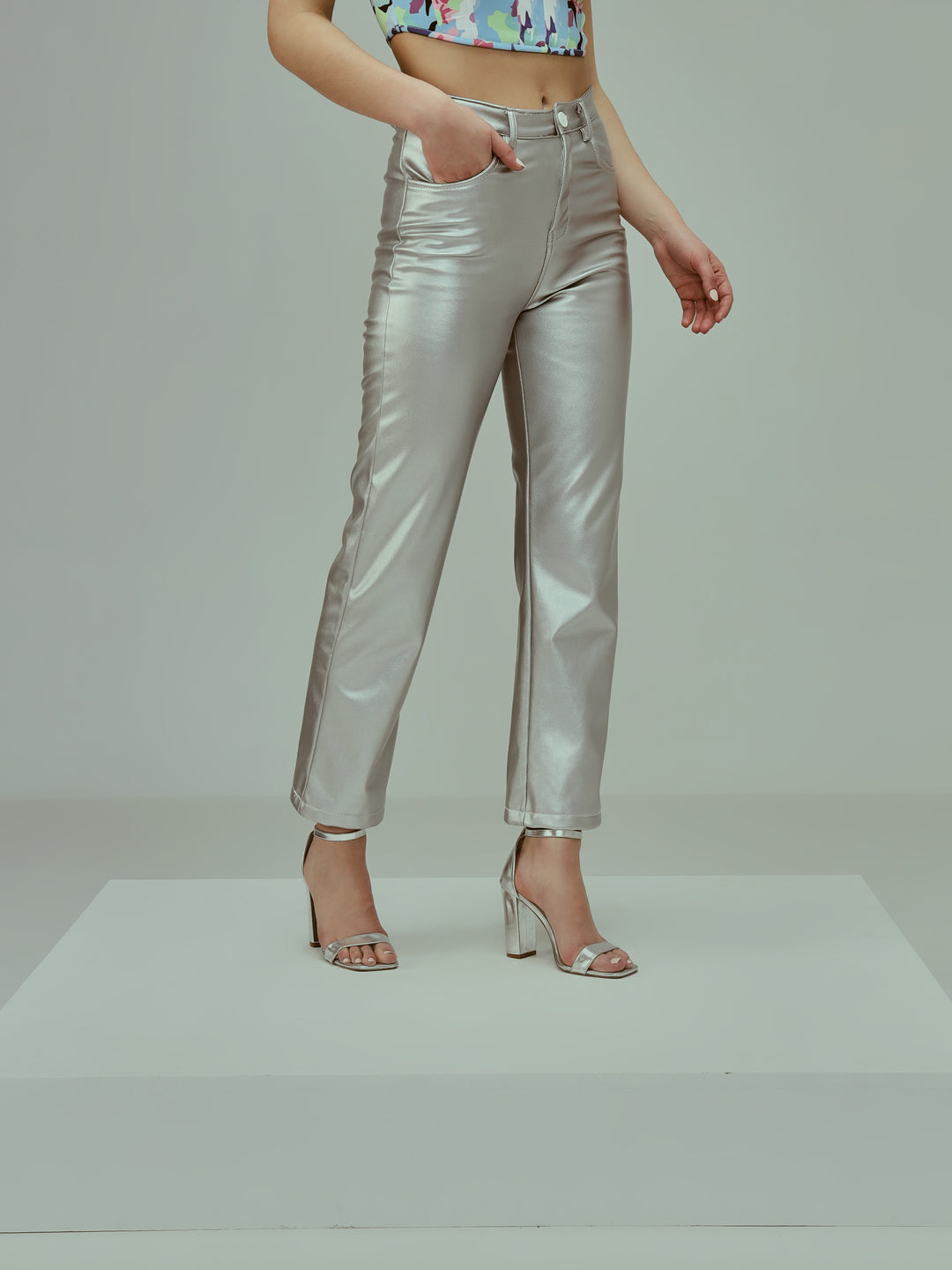 TANDUL Women Regular Fit Silver Faux Leather Trousers