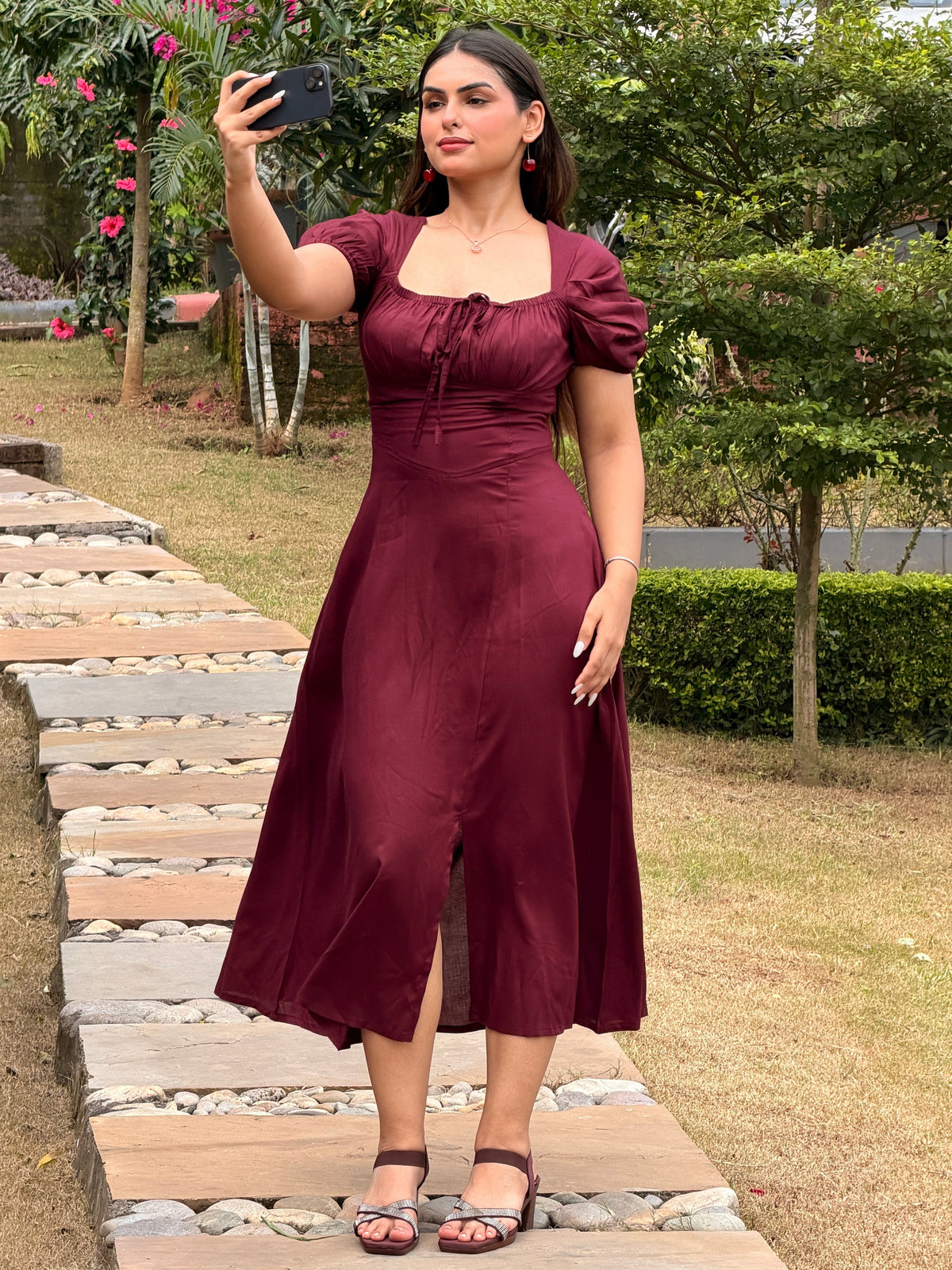 TANDUL Women Classic Wine Lace-Up Corset Midi Dress