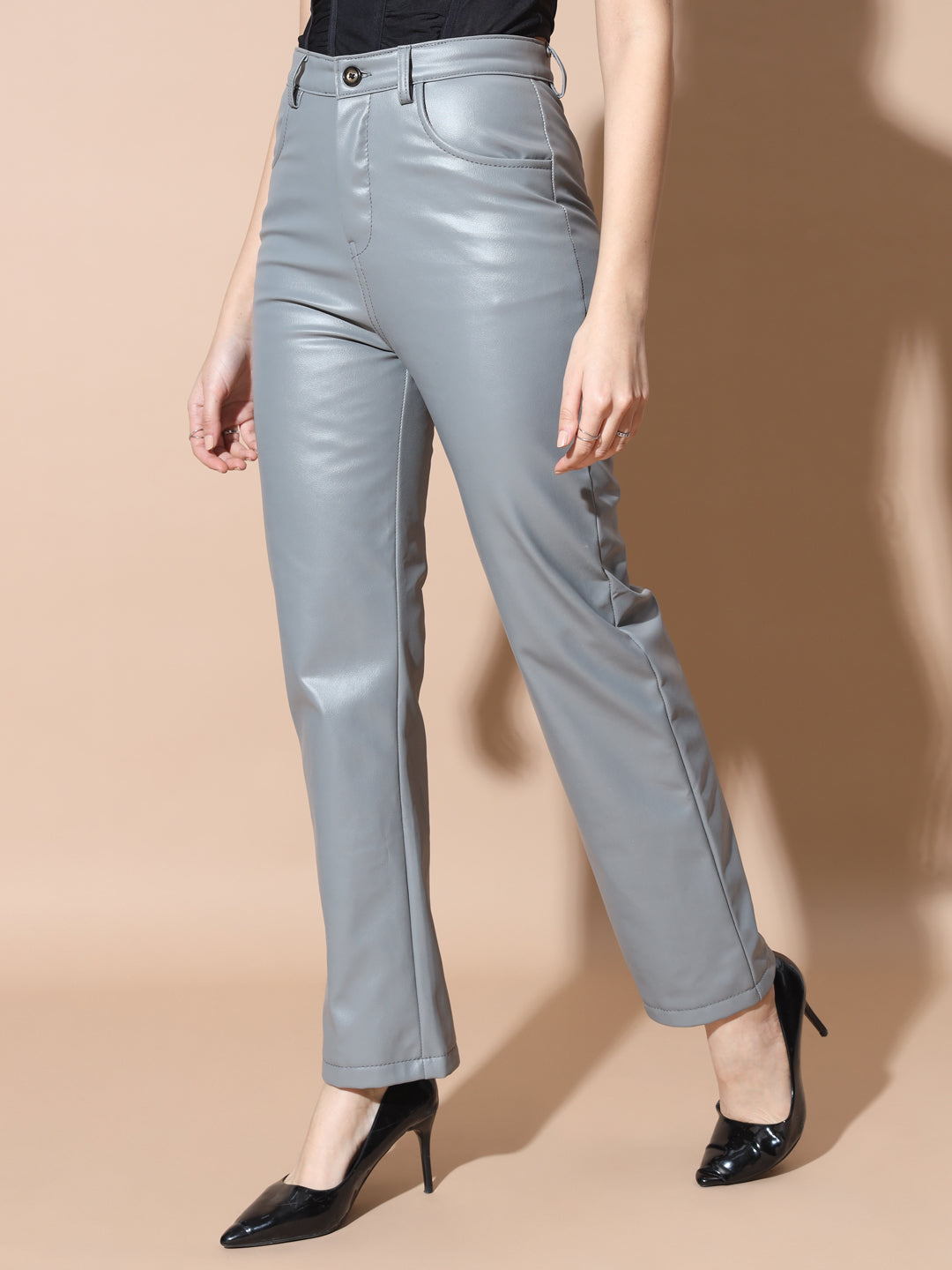 TANDUL Women Regular Fit Grey Faux Leather Trousers