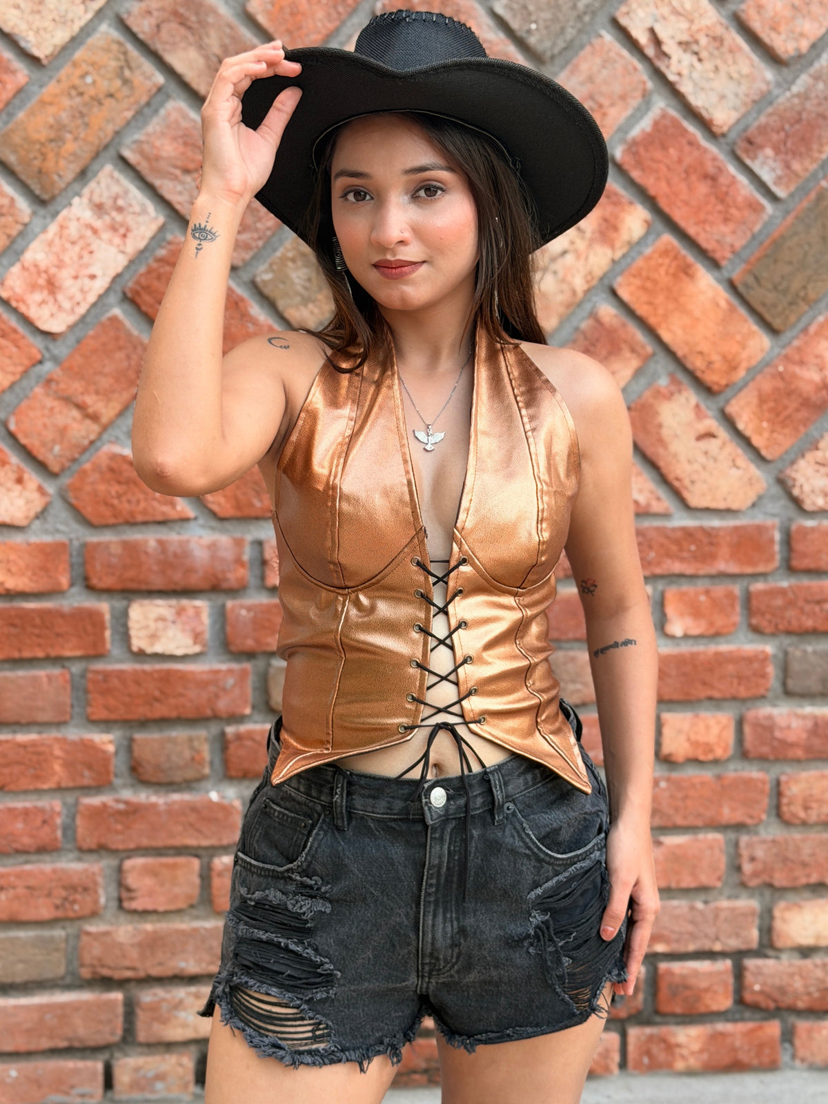 TANDUL Women Golden Front Detailed Leather Top