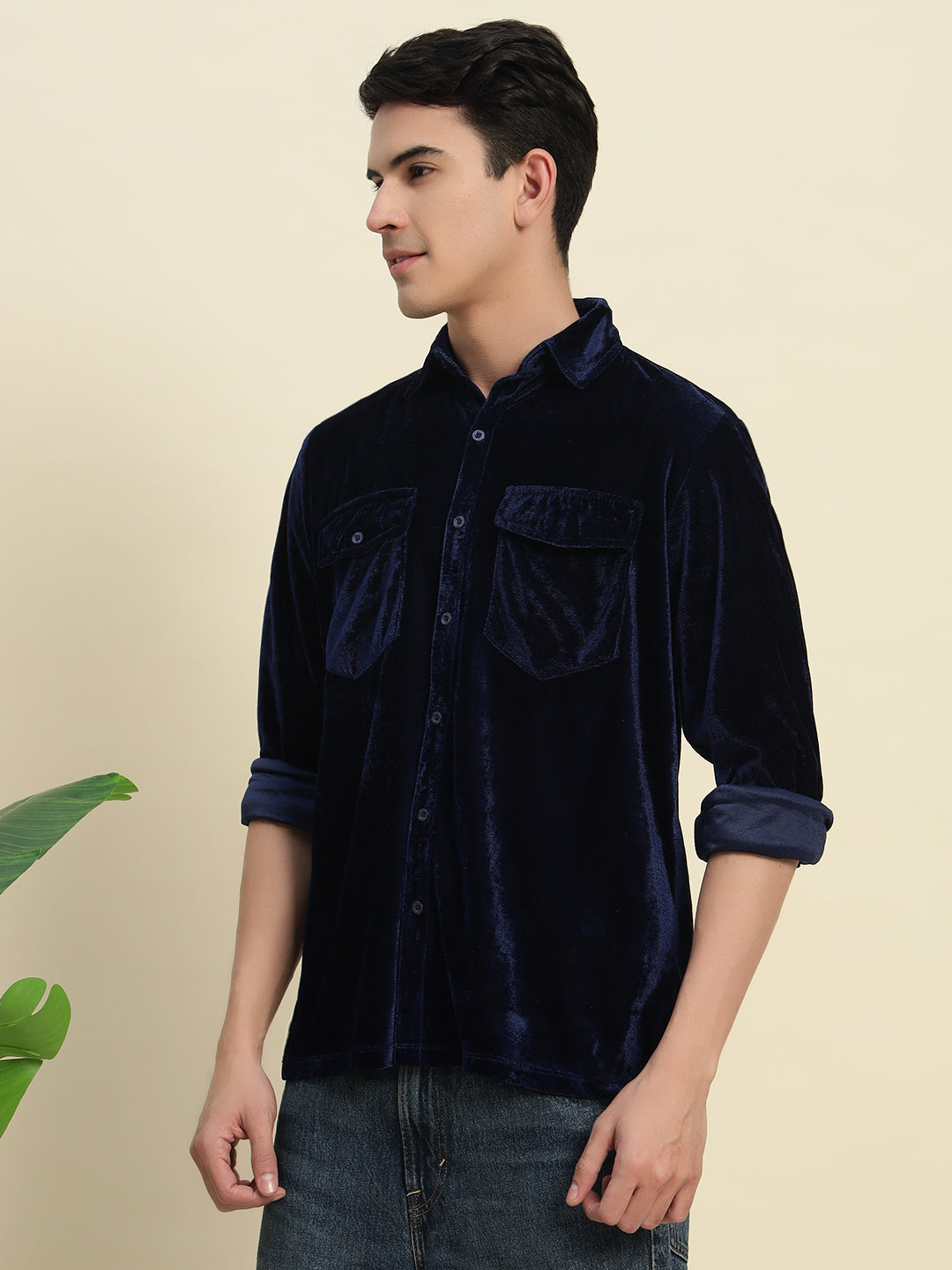 TANDUL Men's Blue Velvet Shirt