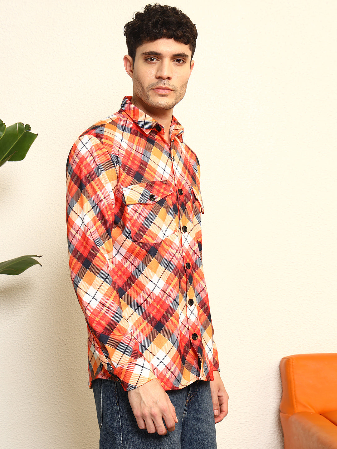 TANDUL Men's Striking Orange and Black Plaid Printed Shaket