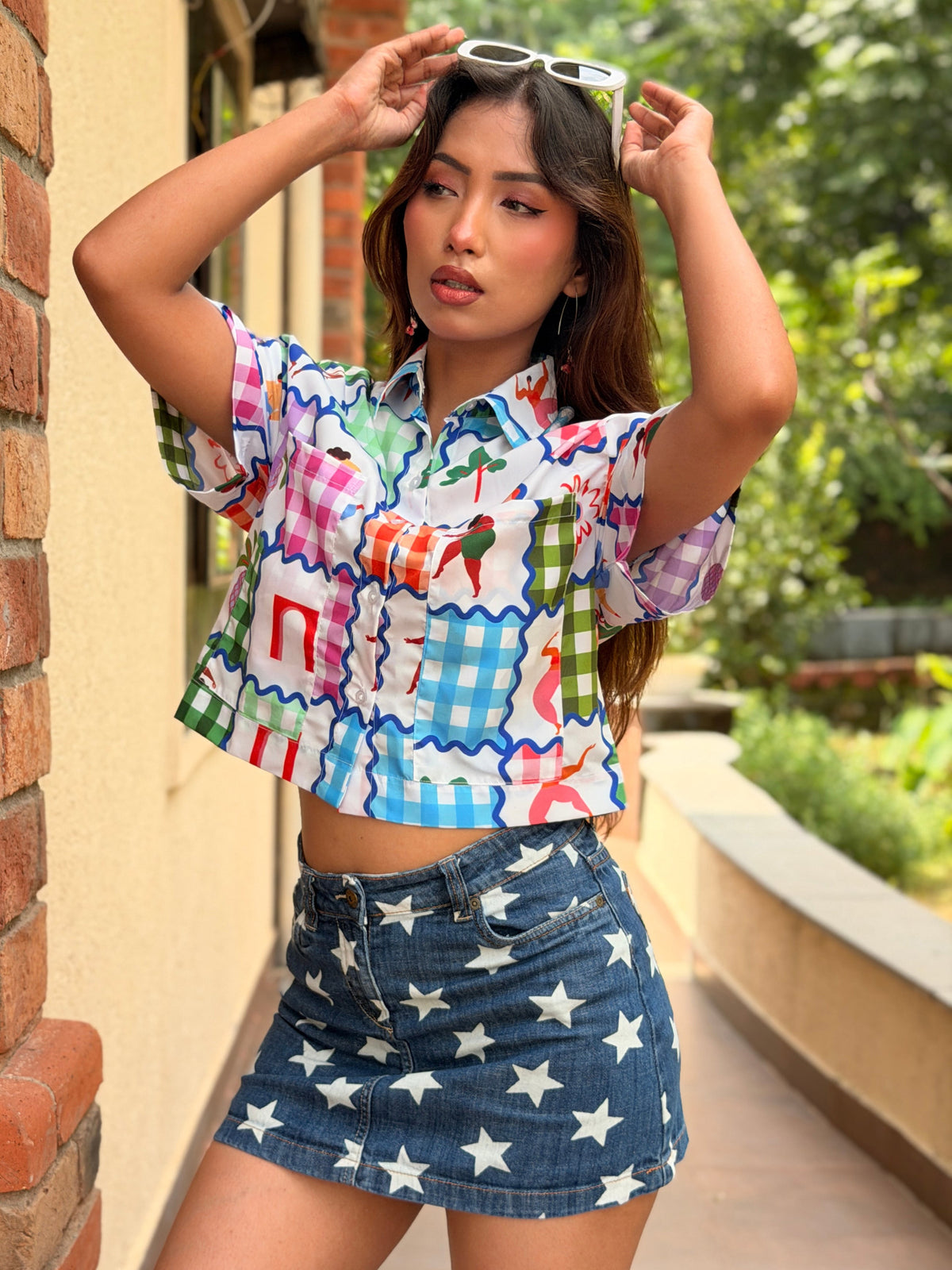 TANDUL Women Retro Colorful Gingham Patchwork Cropped Shirt