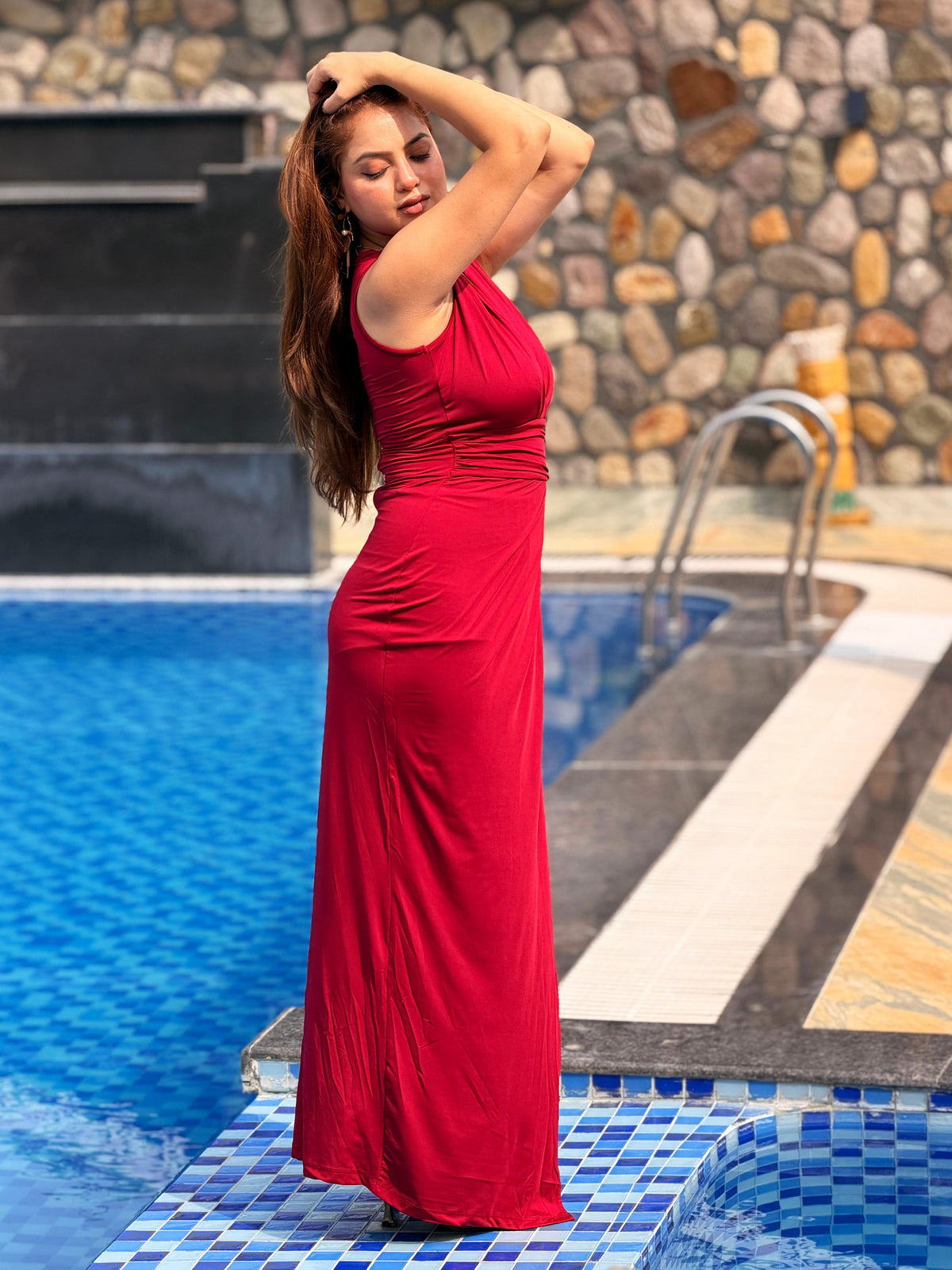 TANDUL Women Wine Red Plunging V-Neck Tulip Maxi Dress