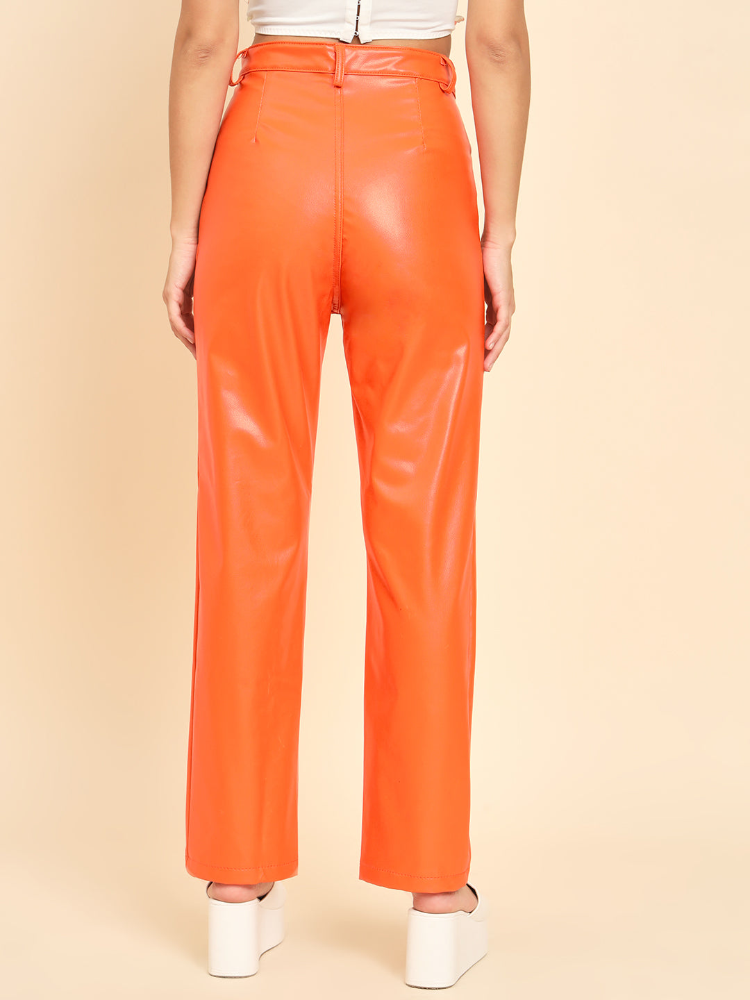 TANDUL Women Regular Fit Orange Faux Leather Trousers