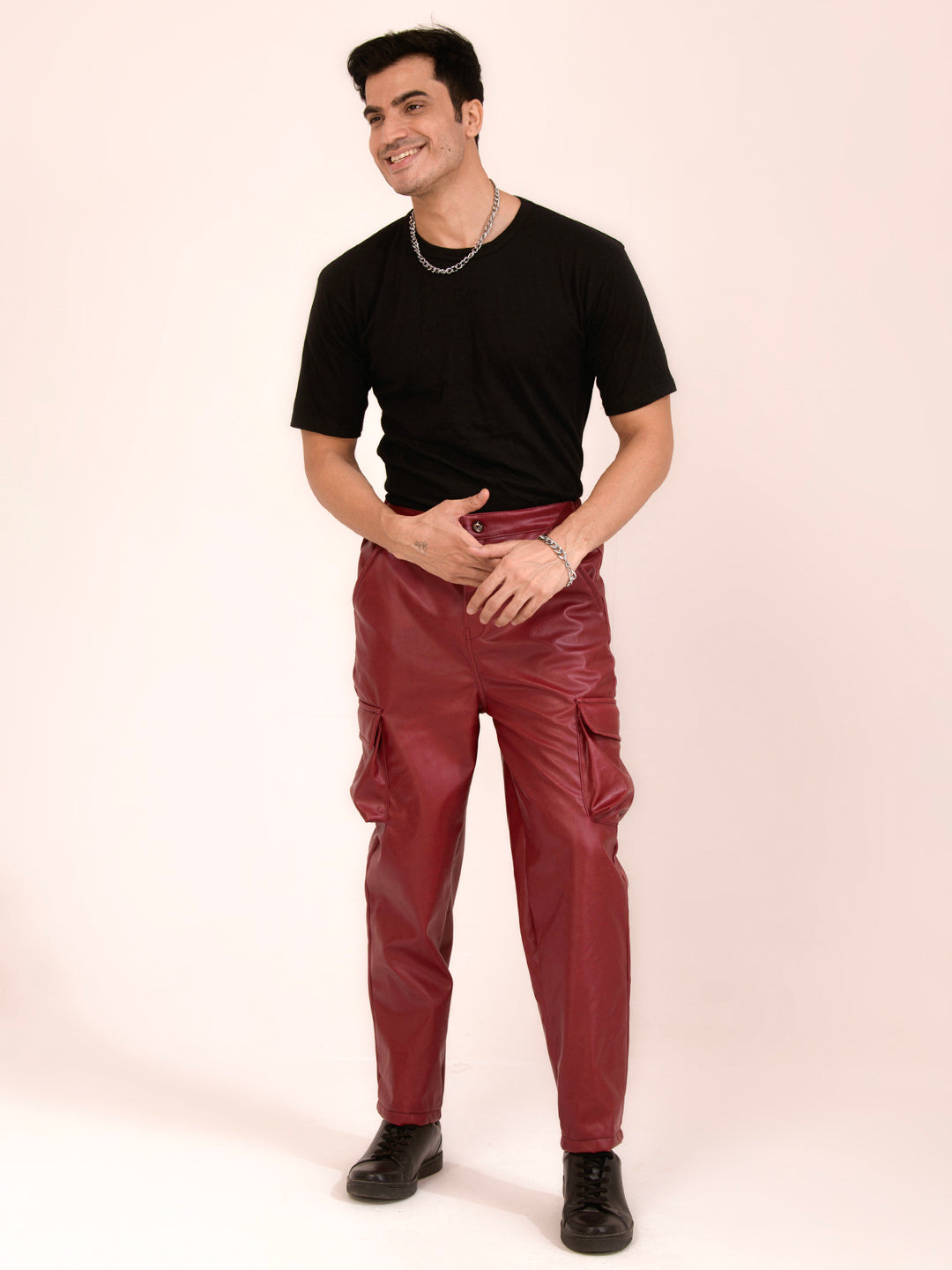 TANDUL  Men Regular Fit Maroon Faux Leather Trousers