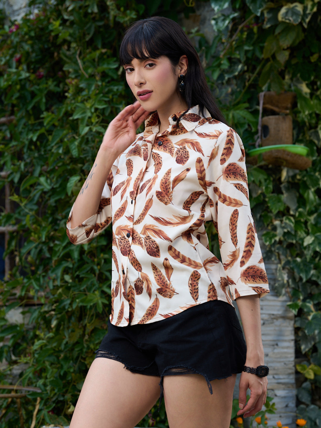 TANDUL Women Brown Feathers Printed Shirt