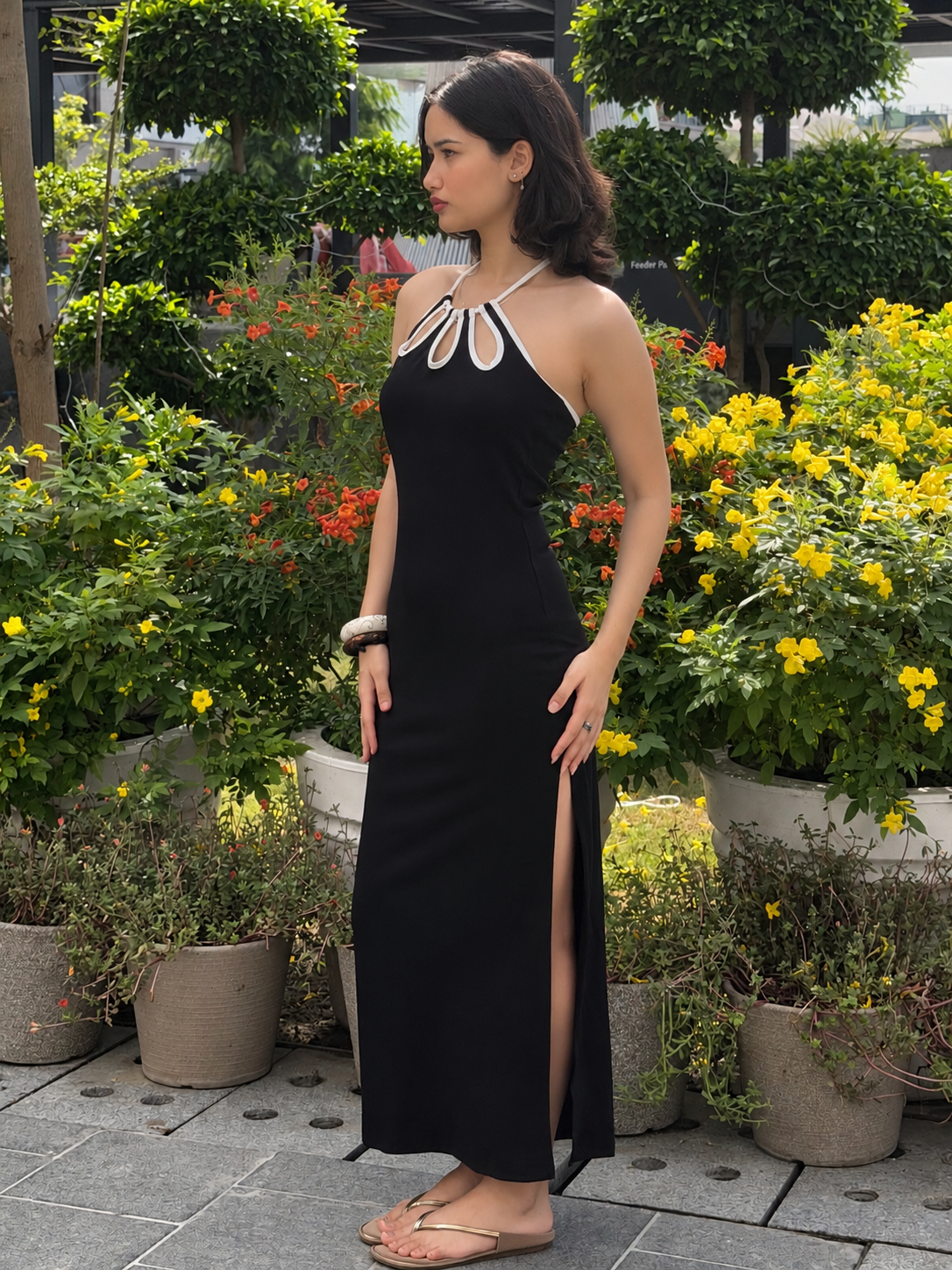 TANDUL Women Monochrome Floral Cut-Out Bodycon Dress