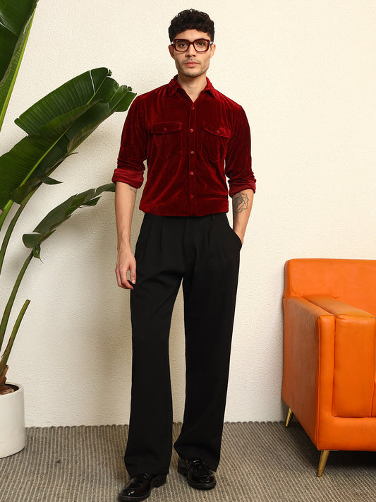 TANDUL Men's Maroon Velvet Shirt